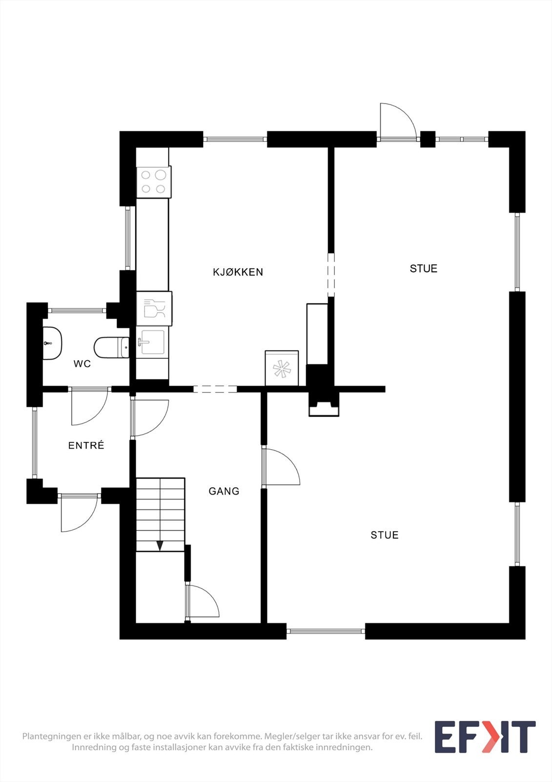 Første etasje har en praktisk planløsning med stue, kjøkken og separat toalettrom. Galleribilde