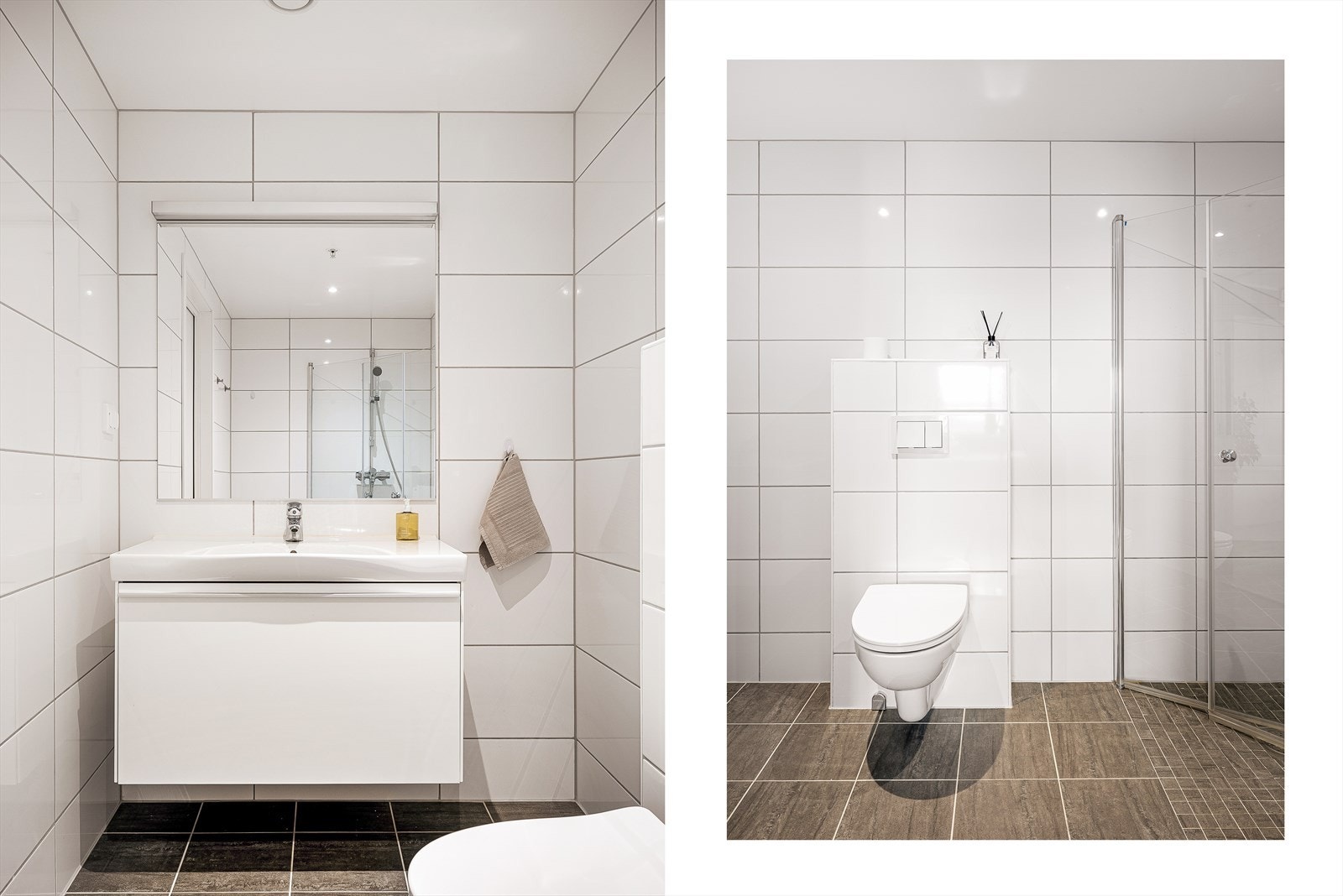 Helfliset bad på 4,3m² med servant, vegghengt toalett og dusjdører. Galleribilde