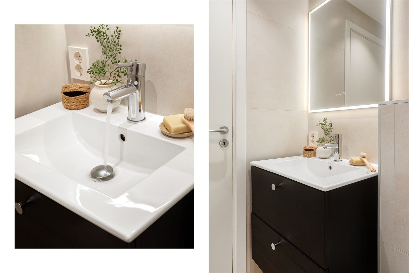 Baderommet er utstyrt med servant med innredning, vegghengt toalett, dusjnisje og opplegg for vaskemaskin Galleribilde