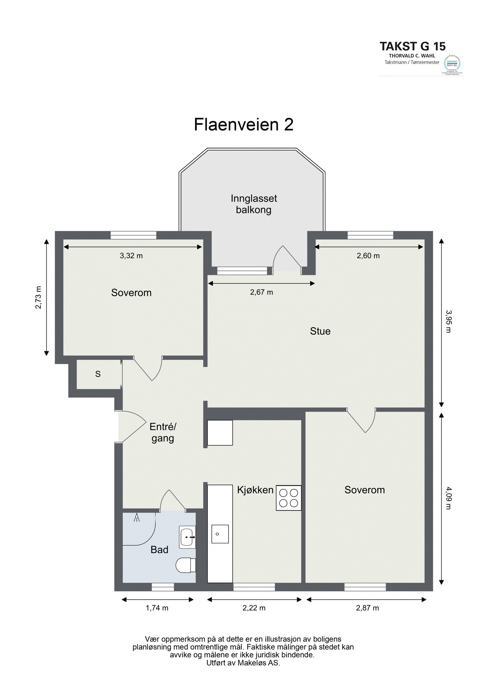 3 roms i høy 1. etasje med 9 kvm innglasset balkong. Galleribilde