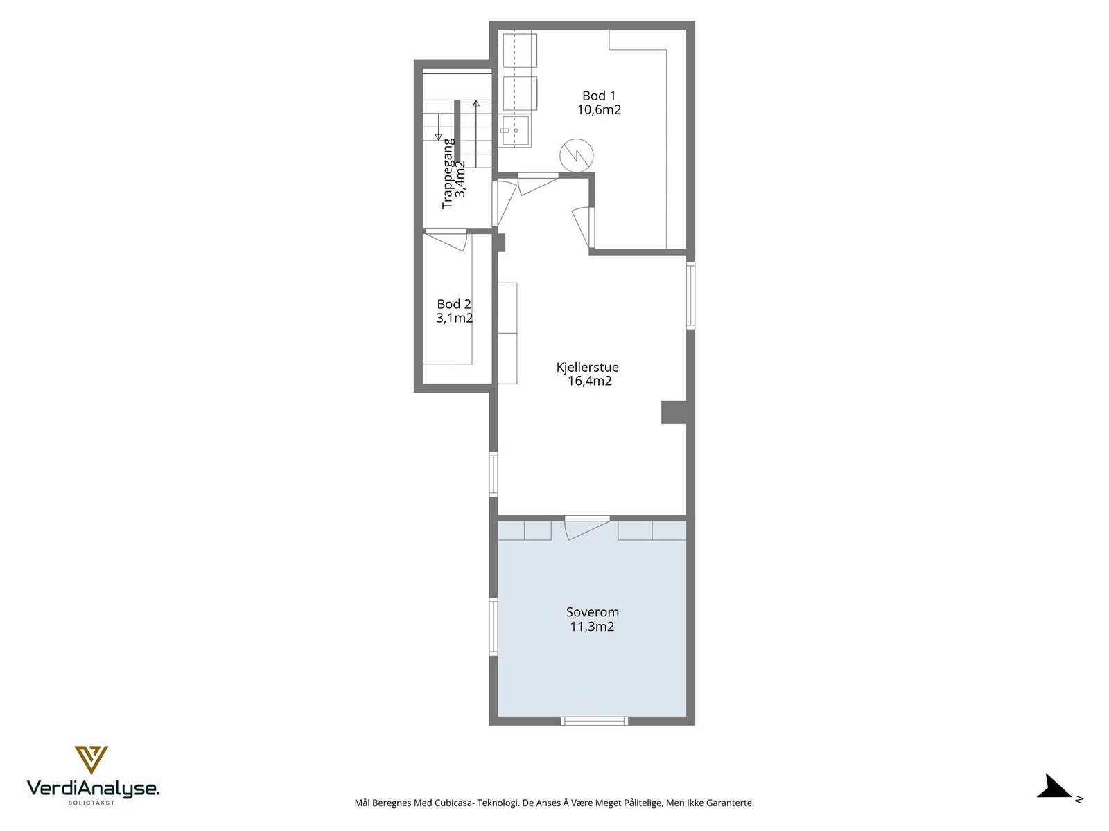 Planskisse kjeller. (Rommene i kjelleren er ikke godkjent som oppholdsrom og er innredet uten godkjenning fra kommunen, se pkt. "andre relevante opplysninger") Galleribilde