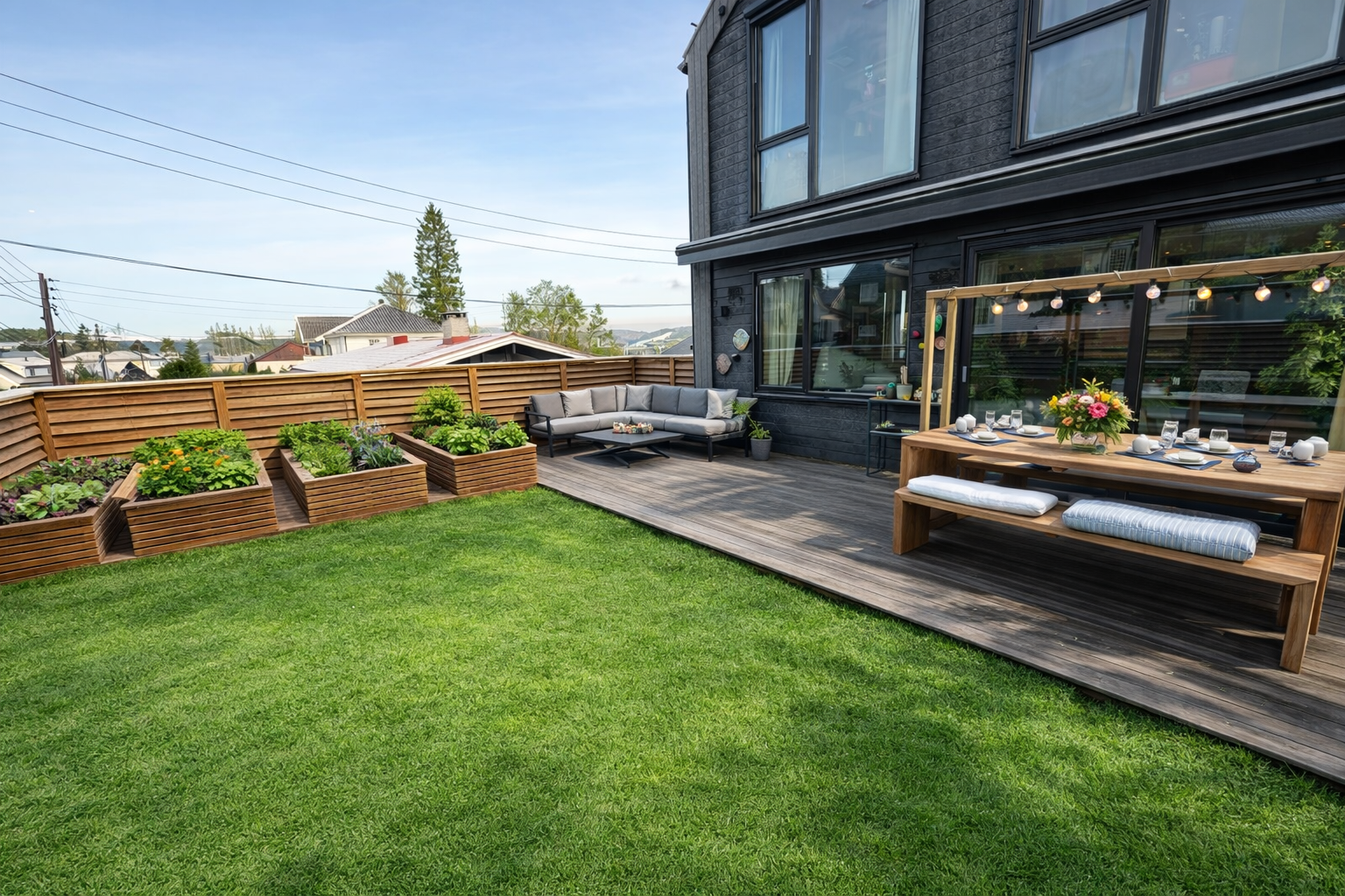 Selgers bilde, plan for uteområdet. Det gjøres oppmerksom på at bildet er digitalt stylet og at hagen ikke ser slik ut idag. Galleribilde