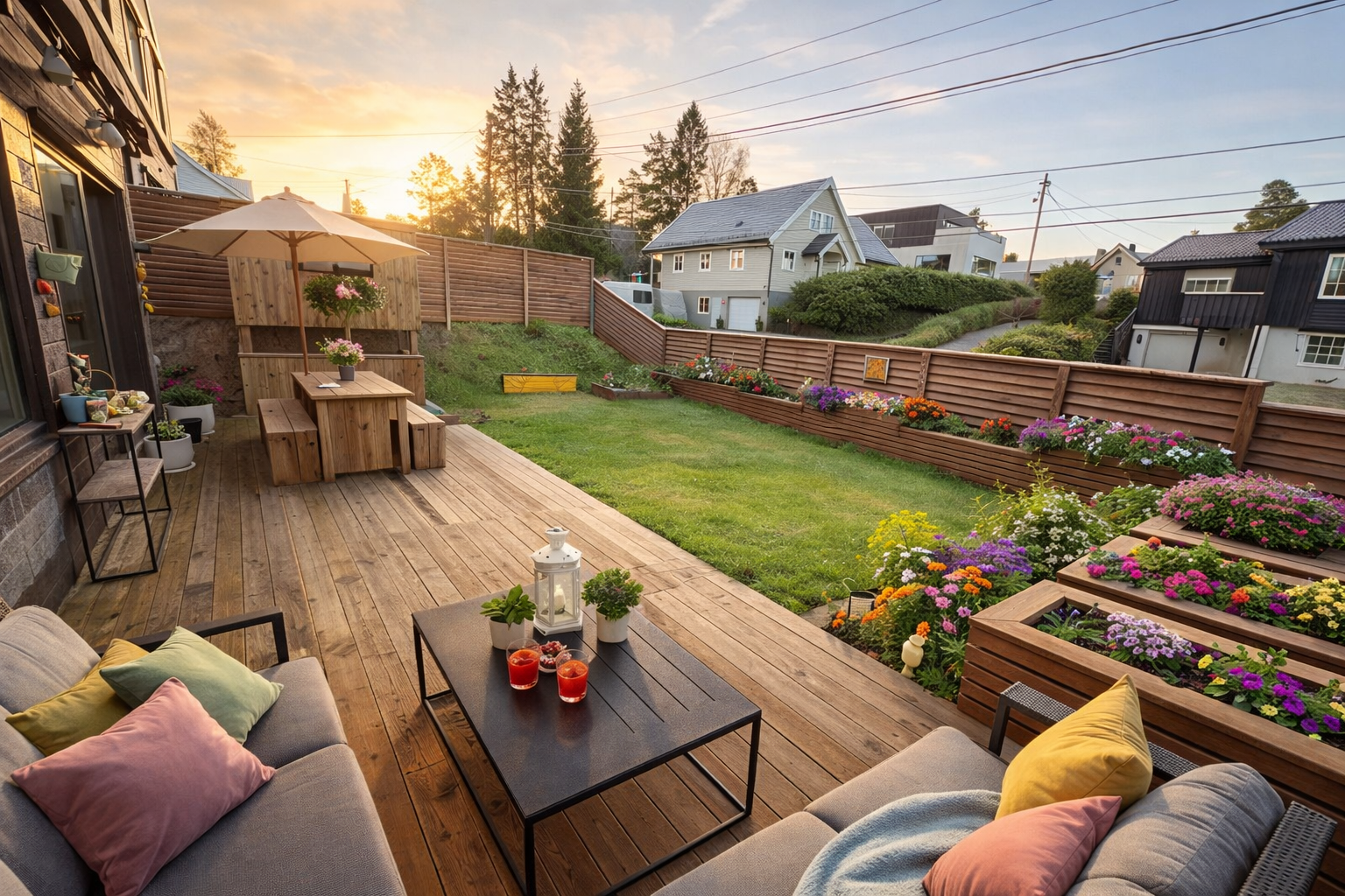 Selgers bilde, plan for uteområdet. Det gjøres oppmerksom på at bildet er digitalt stylet og at hagen ikke ser slik ut idag. Galleribilde