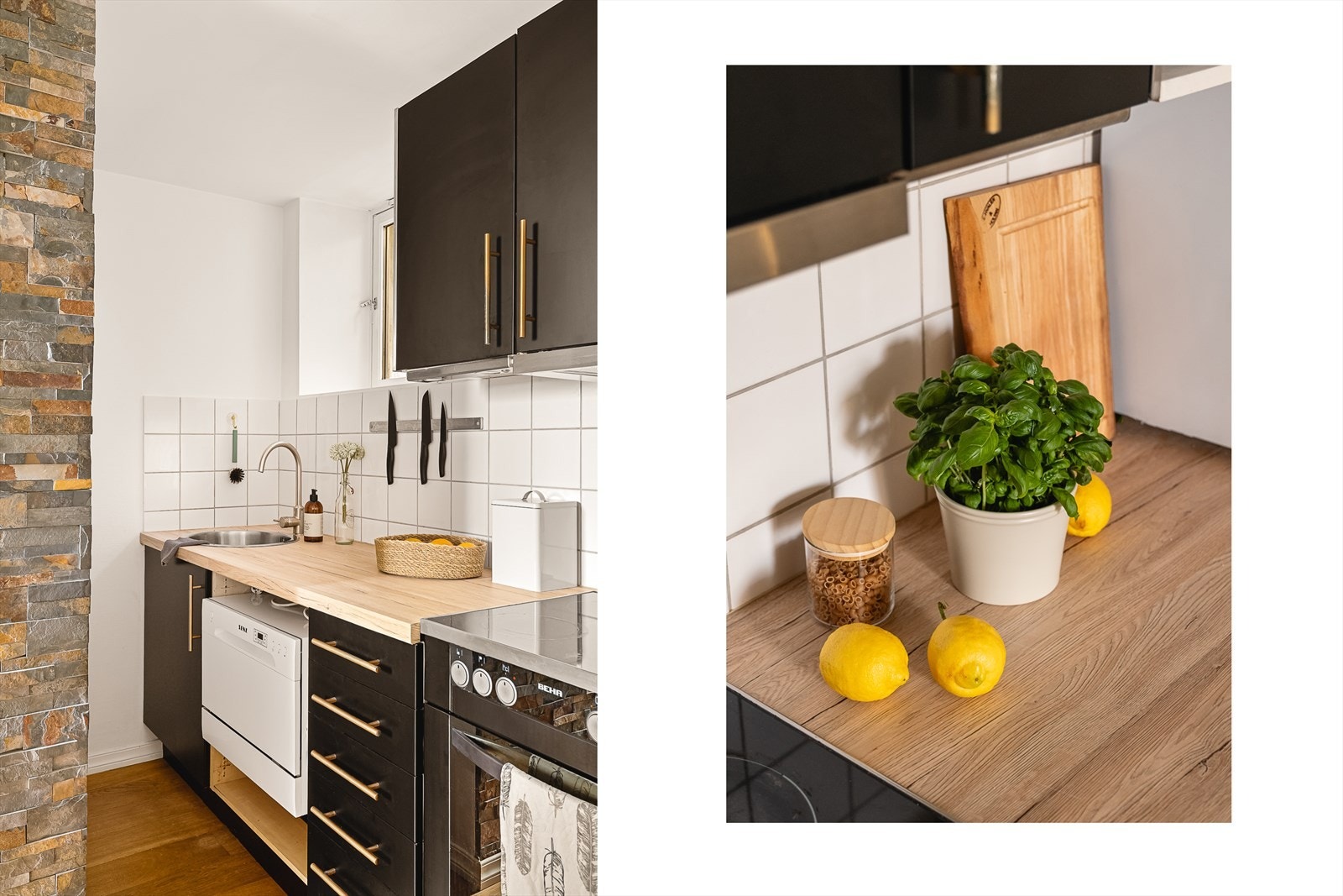 Det er kjøleskap, oppvaskmaskin, nedfelt vask og komfyr. Galleribilde