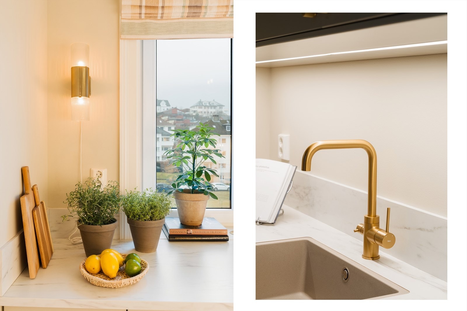 Kjøkkeninnredning med glatte fronter og laminat benkeplate. Galleribilde