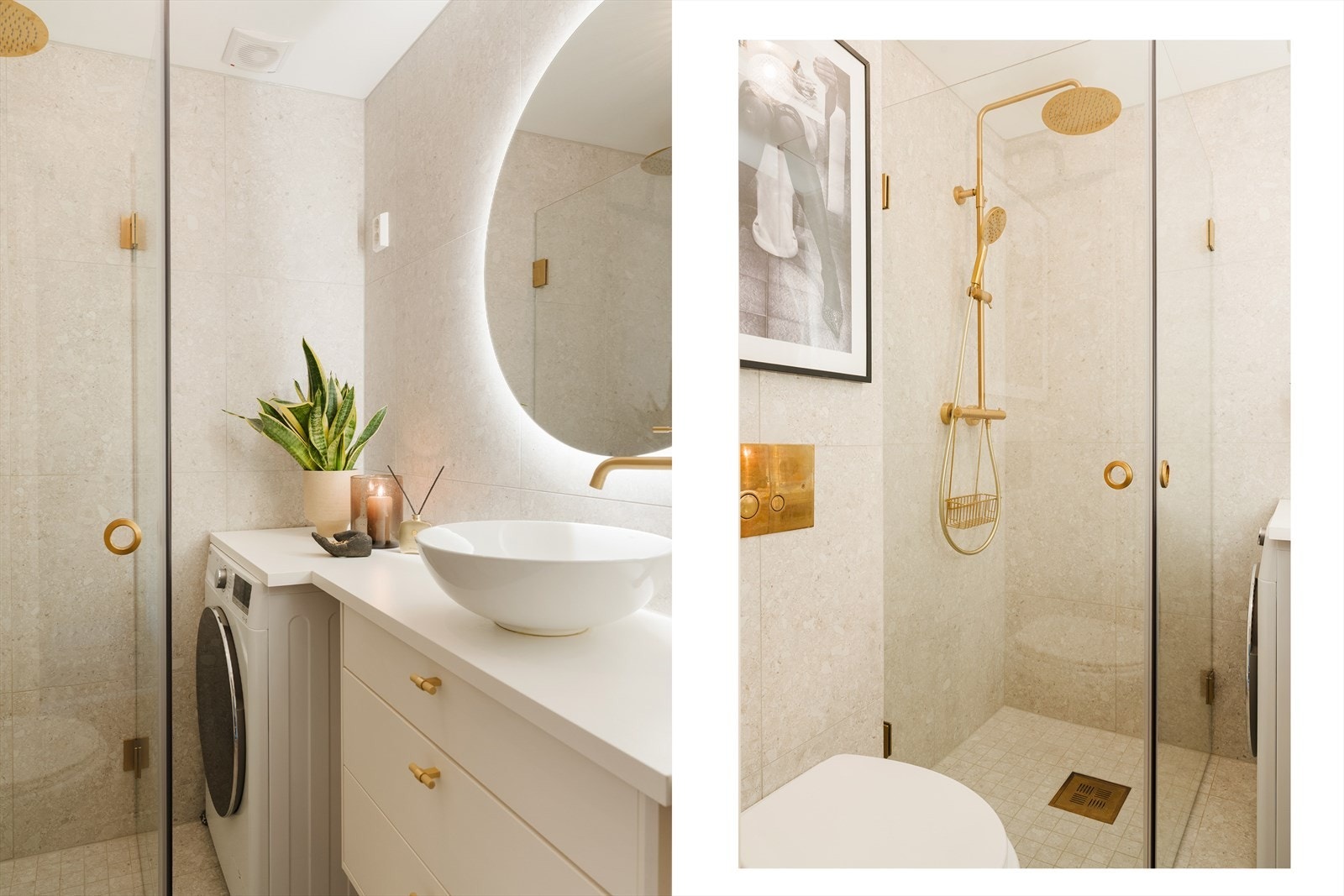 Badet er utstyrt med nedfelt servant, veggmontert toalett og dusjvegger. Galleribilde