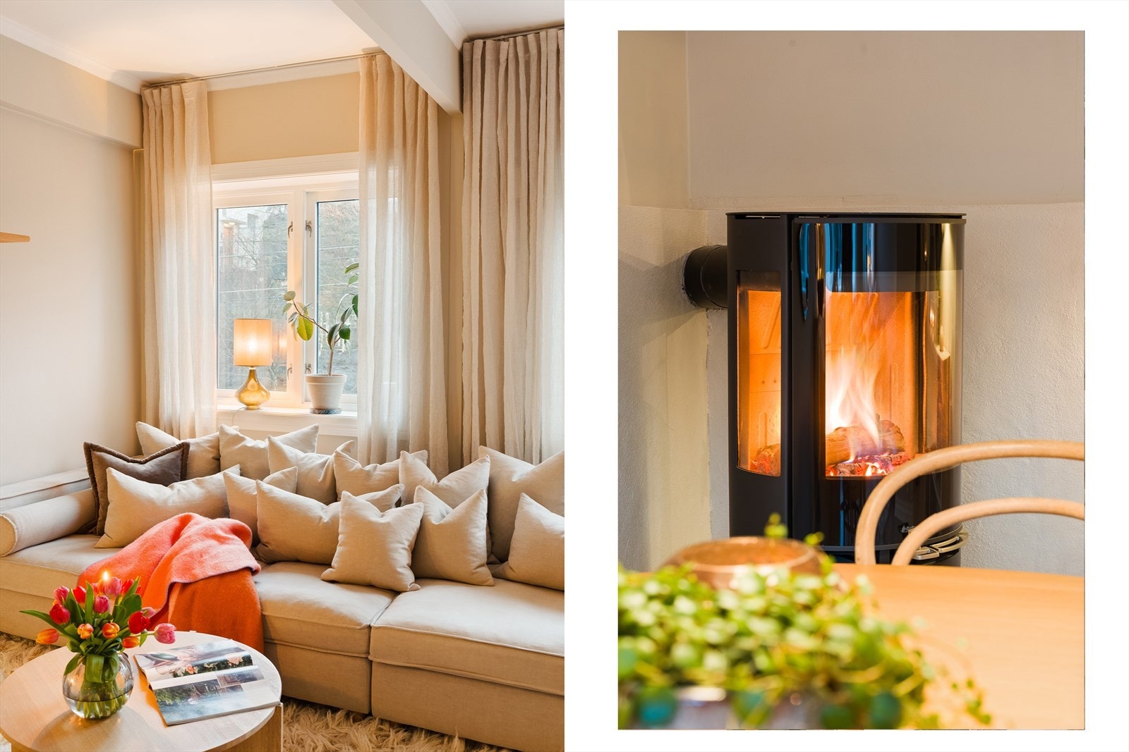 Stuen er utstyrt med en flott peisovn som sørger for god oppvarming av hele leiligheten. Galleribilde