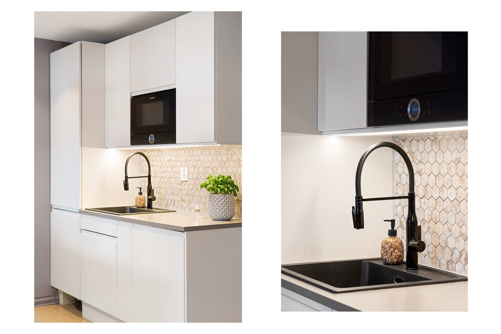 Kjøkkenet er utstyrt med laminat benkeplate med nedfelt oppvaskkum samt ett-greps svingbart blandebatteri med dusjfunksjon. Galleribilde