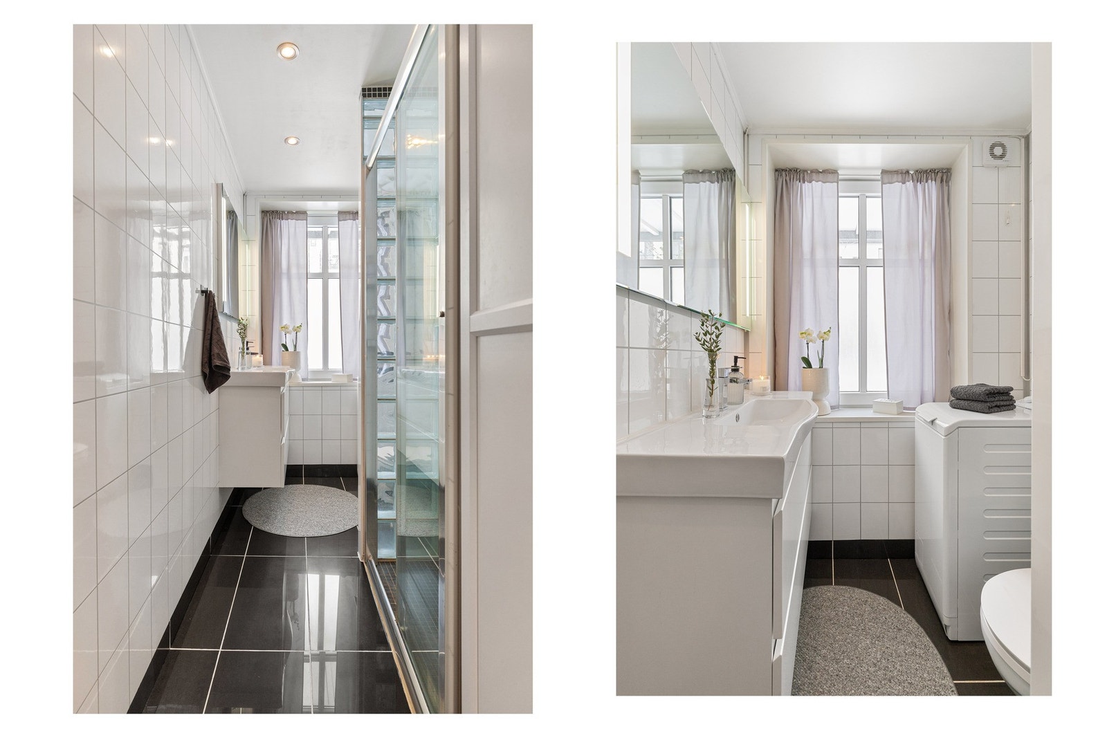 Det er opplegg for vaskemaskin av smal type, praktisk plassert på badet. Galleribilde