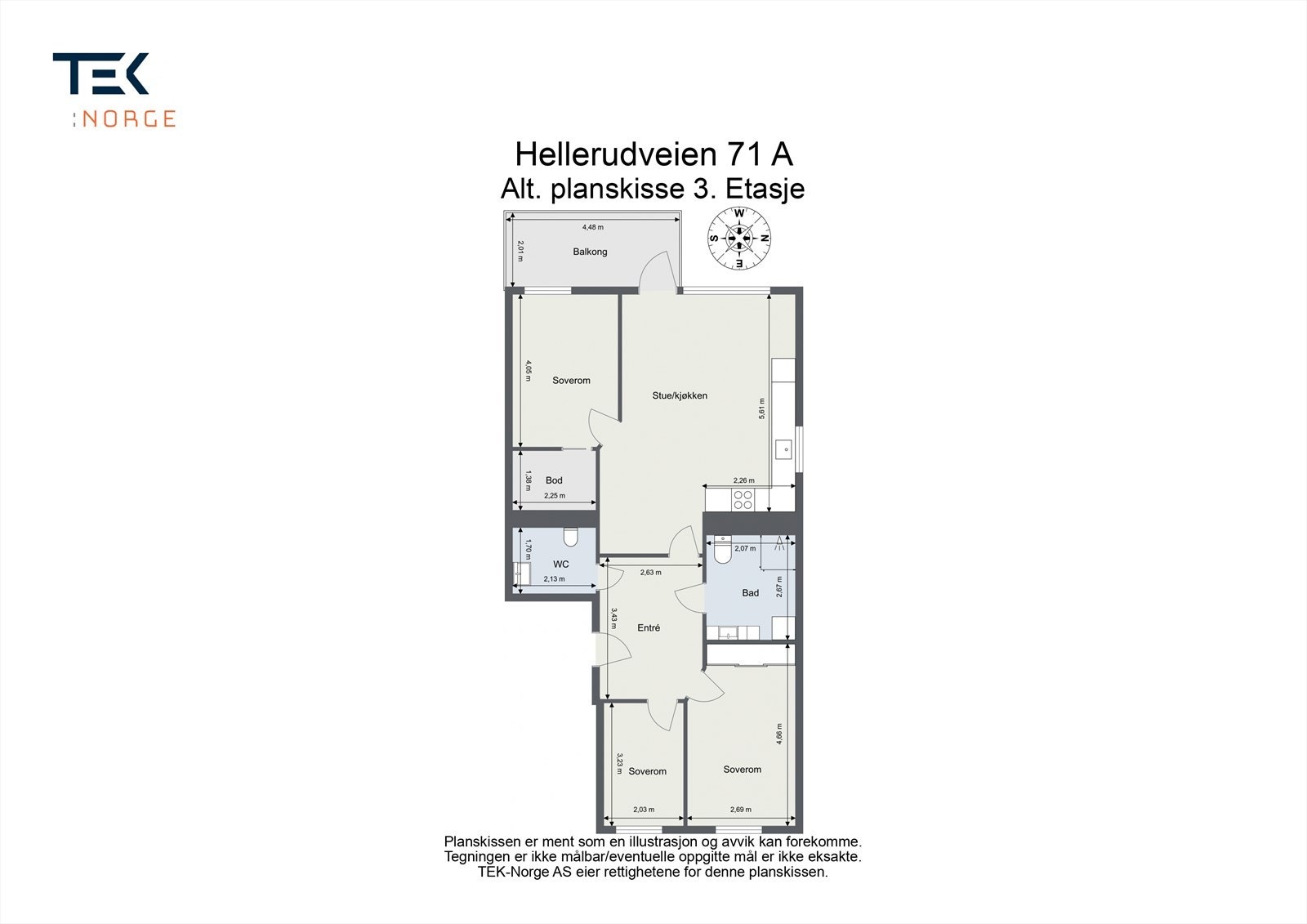 Alternativ plantegning. Leiligheten var opprinnelig 4- roms leilighet, med 3 soverom. Kan tilbakeføres. Galleribilde
