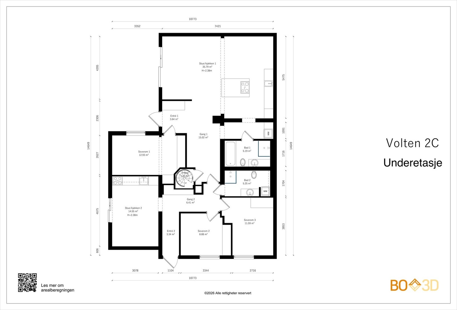 Underetasje BRA-i 134 kvm: bestående av: Hoveddel: trapperom, entré, stue/kjøkken, soverom og baderom. Hybeldel: entré, stue/kjøkken, to soverom og baderom. Galleribilde