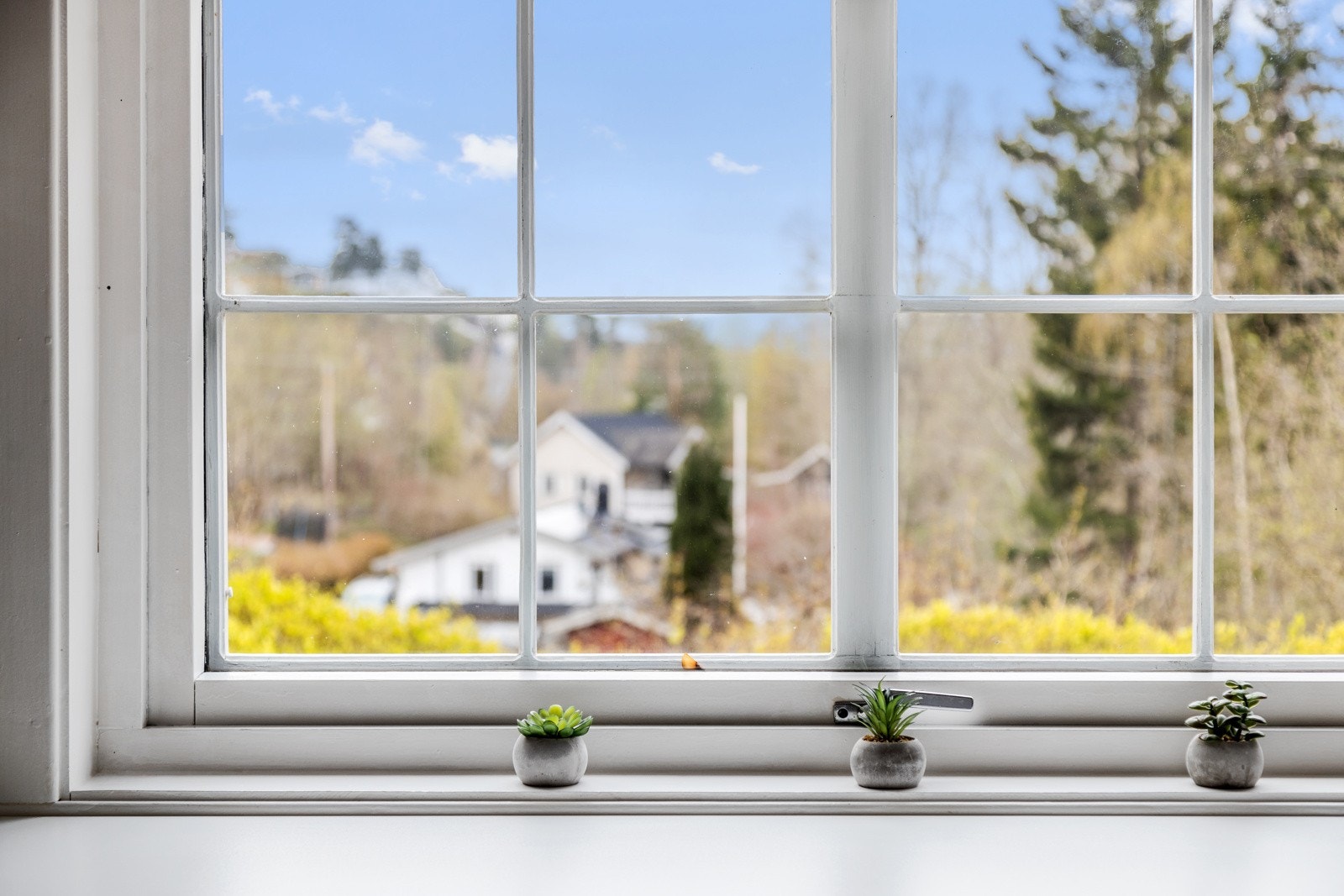 Utsikt over hyggelig nabolag fra kjøkkenvindu. Galleribilde