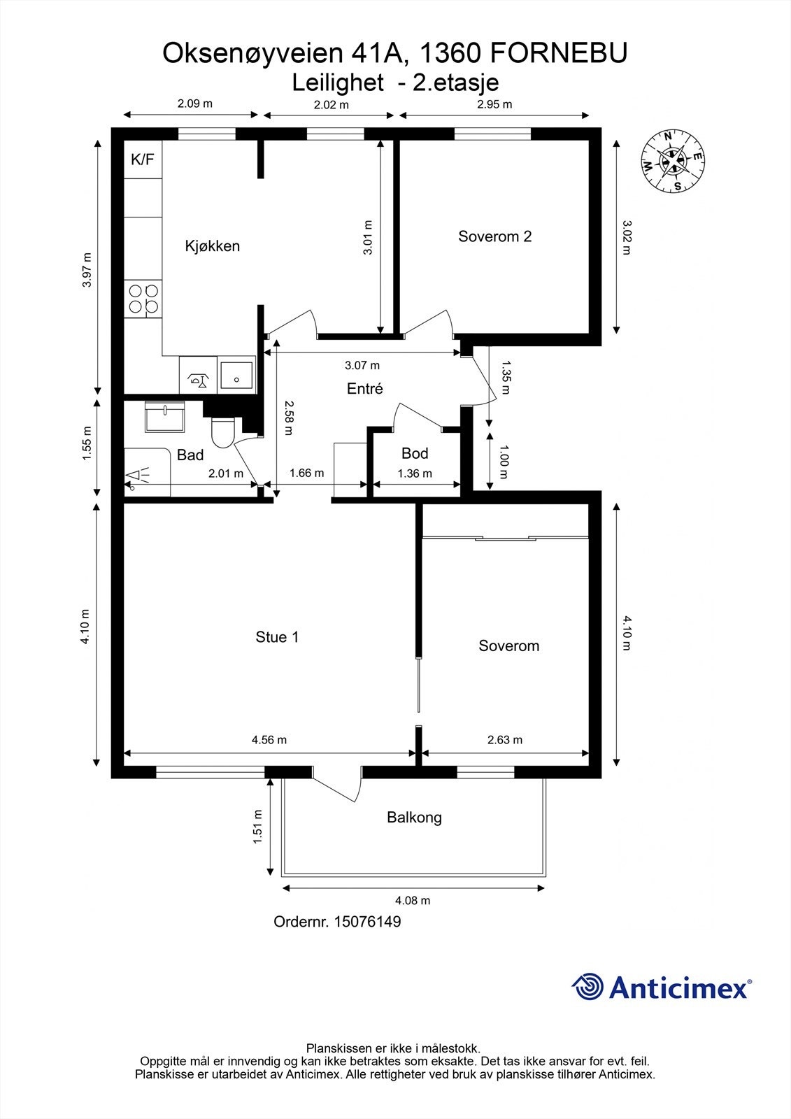 Plantegningen viser en arealeffektiv leilighet på 67 m² med to soverom, stue, kjøkken og bad. Galleribilde