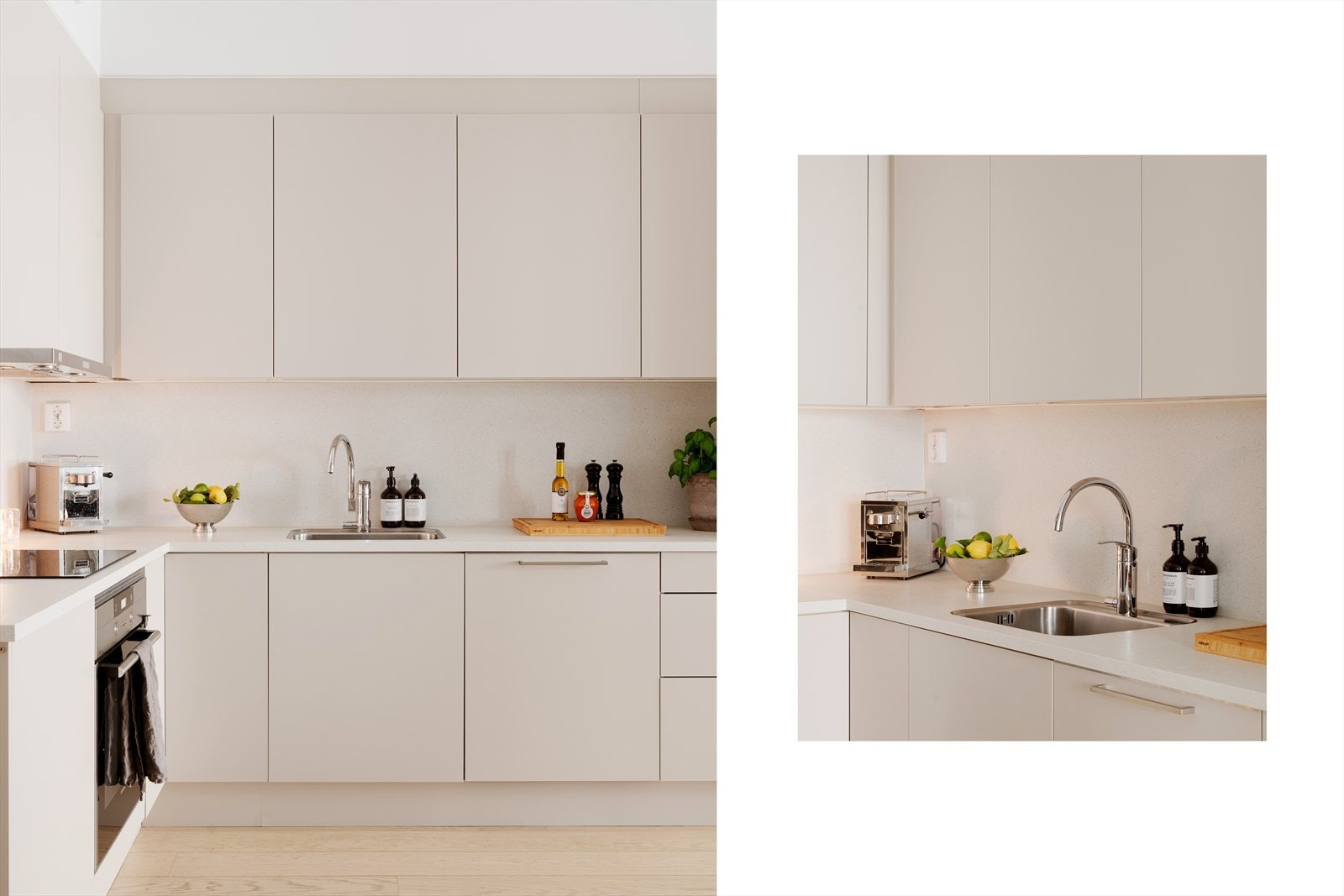 Her har du rikelig med skap- og benkeplass, som inviterer til flere kokker og matglade gjester. Frontene med push-åpner sammen med en lekker, lys palett understreker leilighetens delikate nordiske preg. Galleribilde