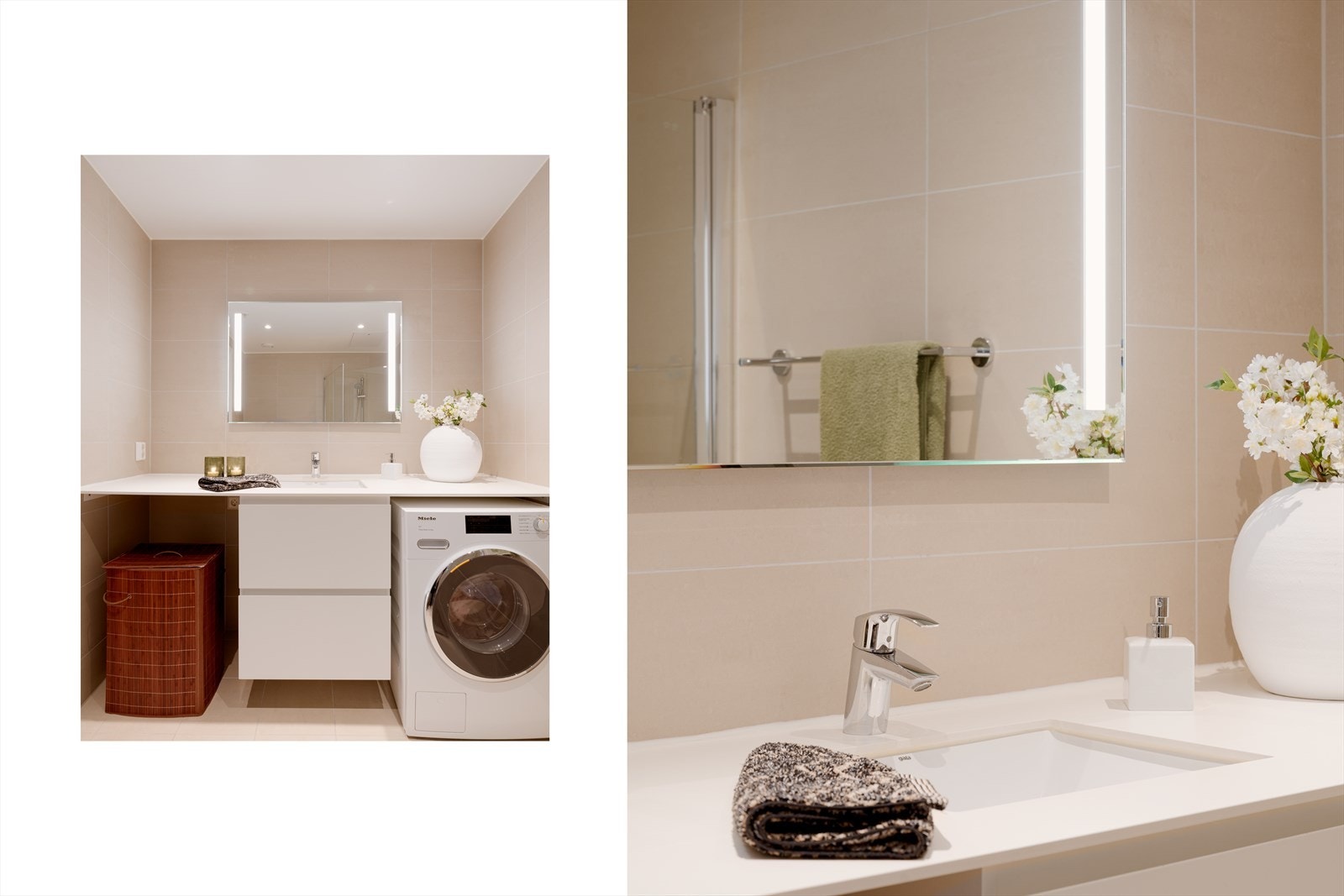 Badet er flislagt og utstyrt med servant, speil, toalett og dusjhjørne. Det er opplegg og plass for både vaskemaskin og tørketrommel. Galleribilde