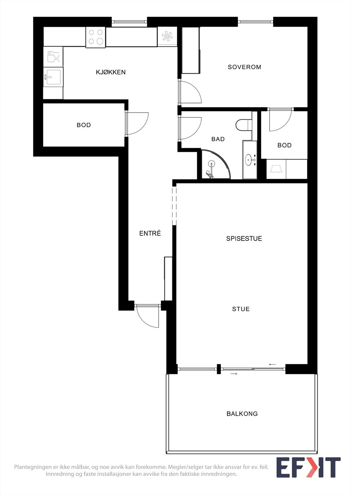 Leiligheten har en arealeffektiv planløsning på 59 m² som omfatter entré, stue, kjøkken, bad, soverom, bod/vaskerom og bod. Galleribilde
