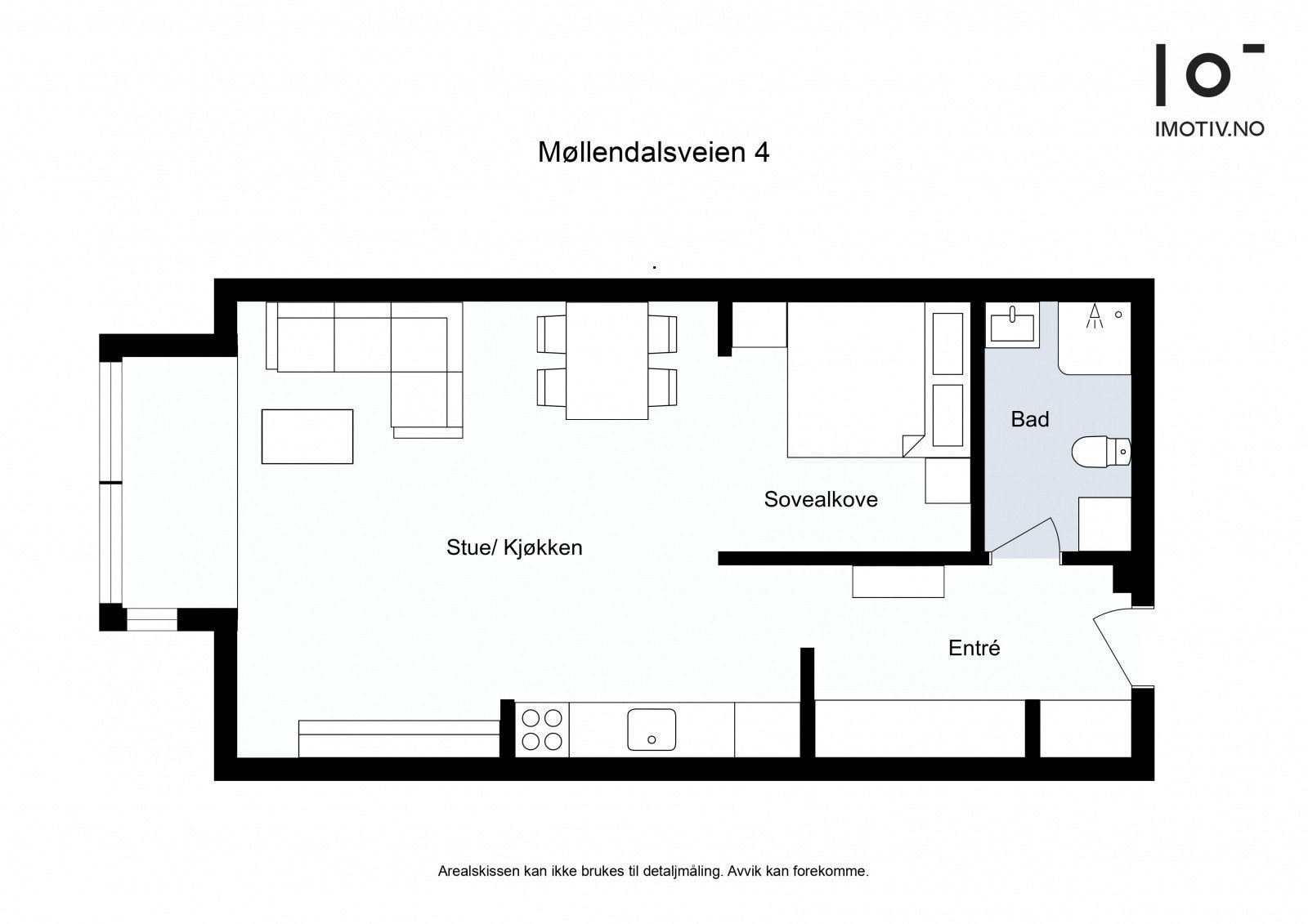 Leiligheten har følgende innredning: Entré, bad/vaskerom, sovealkove og stue/kjøkken, samt ekstern bod. Galleribilde