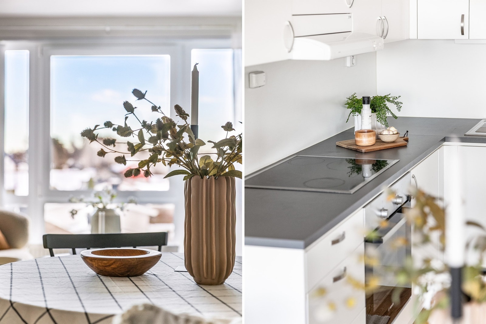 Med kjøkkeninnredningen montert i stuens indre hjørne oppnås en størst mulig disponibel gulvflate i resten av rommet. Galleribilde