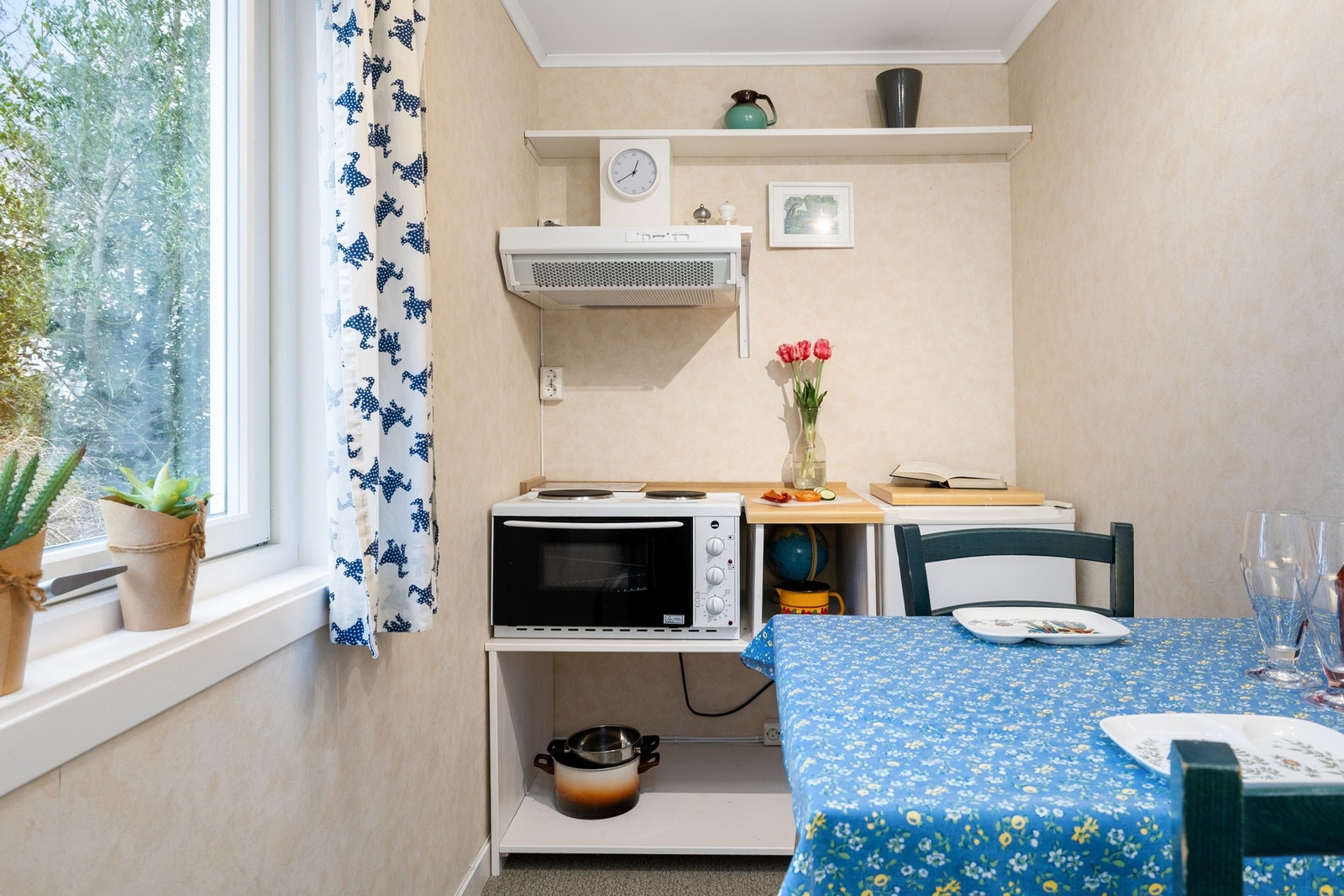 Lite tekjøkken utstyrt med hybelkomfyr og et lite kjøleskap. Galleribilde