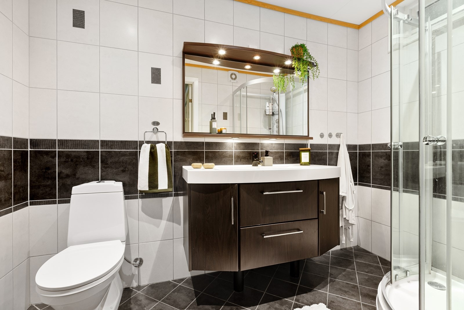 Baderom i første etasje innredet med toalett, servant og dusjkabinett. Galleribilde