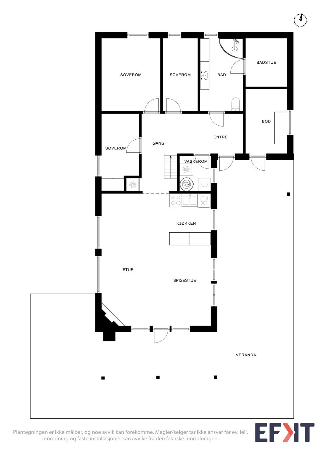 Gjennomtenkt romfordeling med totalt fem soverom, bad, badstue og en romslig stue/kjøkken-løsning. Galleribilde