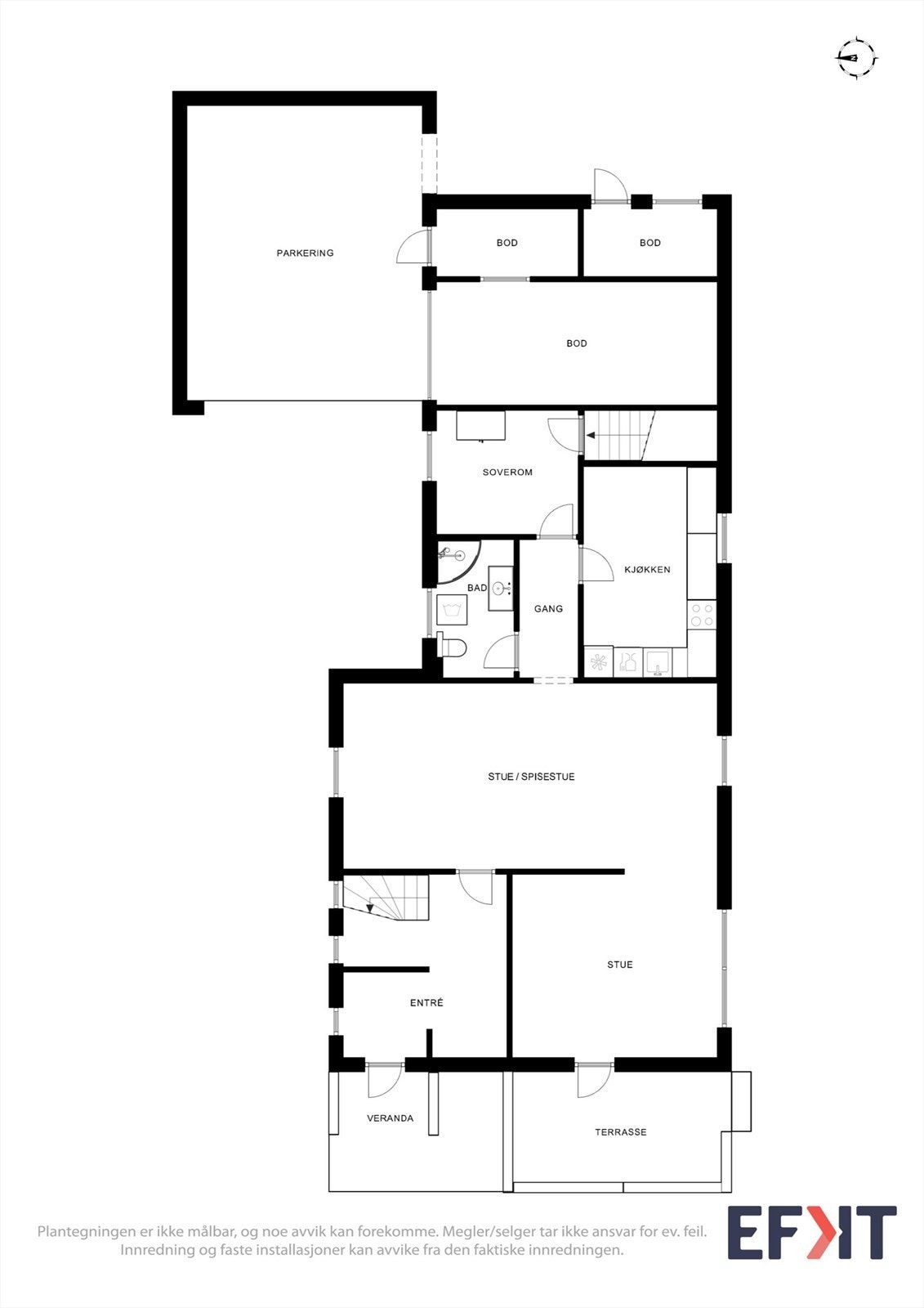 Første etasje har en funksjonell planløsning med entré, todelt stue, kjøkken, bad og et soverom. Galleribilde