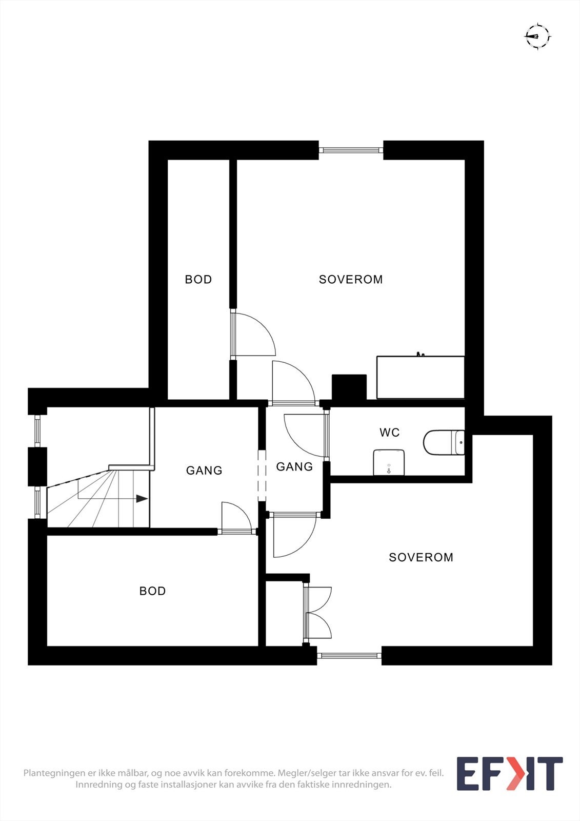 Andre etasje rommer en gang, toalettrom, to innredede rom og kott for lagring. Galleribilde