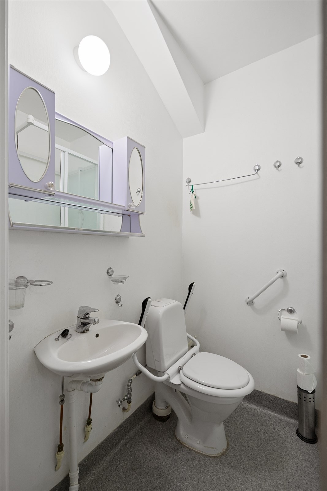 Badet inneholder toalett, servant, speilskap, høyskap og dusjkabinett Galleribilde