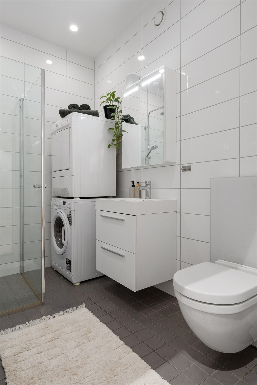 Innredningen består av speil med belysning, servant med seksjon, veggmontert toalett, dusjhjørne og opplegg for vaskemaskin. Galleribilde