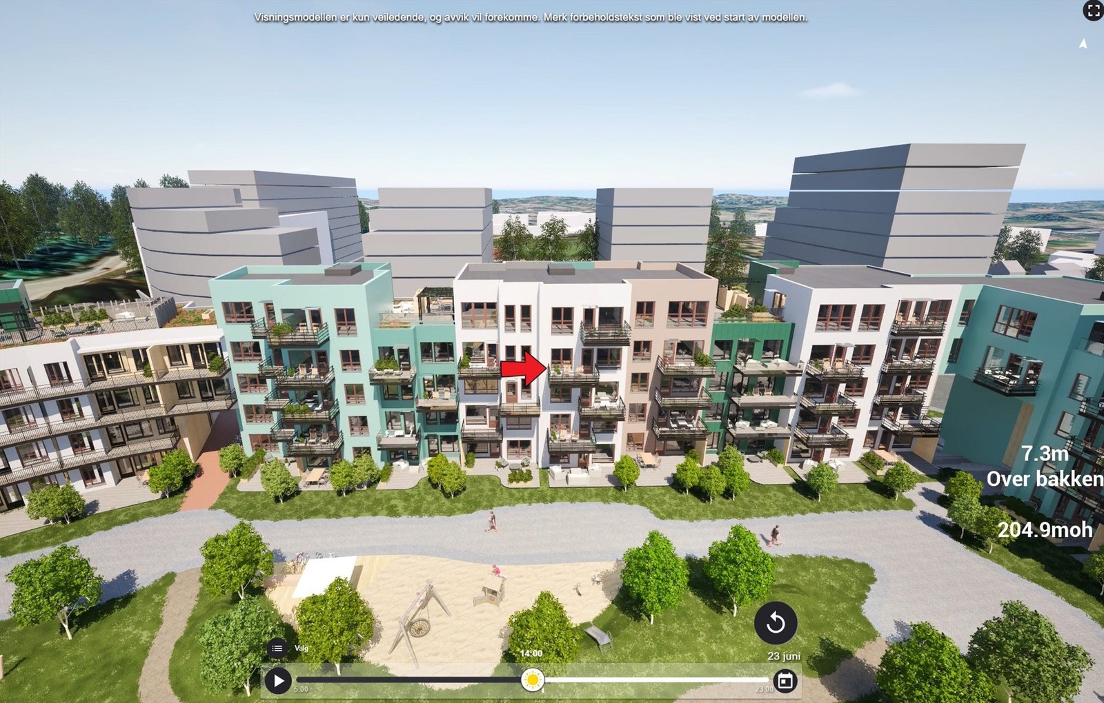 Illustrasjon | Fasader med markering av leilighetens beliggenhet. Avvik kan forekomme. Galleribilde