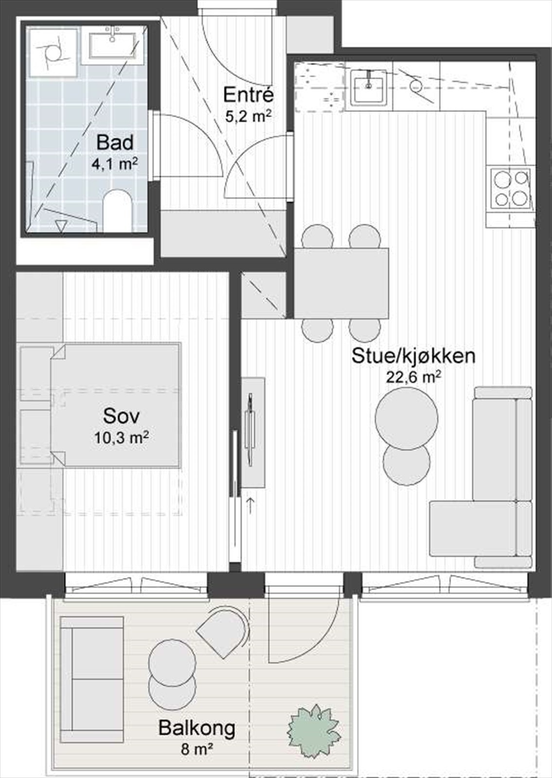 Plantegning med eksempelvis møblering. Det medfølger kjellerbod og garasjeplass. Galleribilde