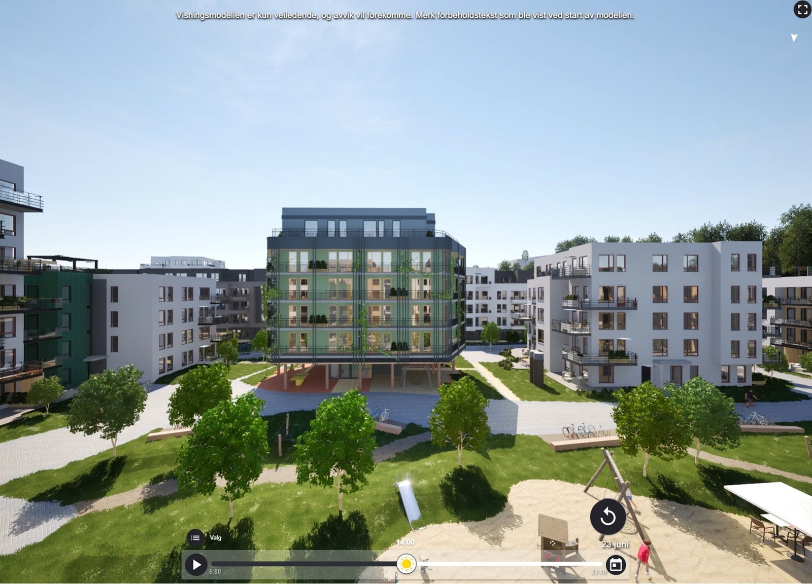 Illustrasjon | Flott utsikt fra den sørvendte balkongen på ca. 8 m². Her er det sol fra tidlig morgen til rundt 19-tiden midtsommers, ifølge prosjektets simulator. Avvik kan forekomme. Galleribilde