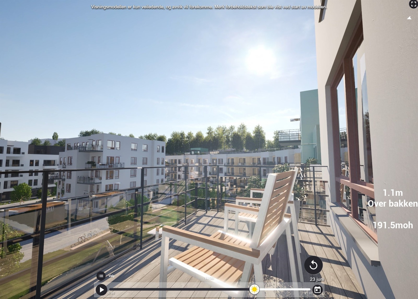 Illustrasjon | Flott utsikt fra den sørvendte balkongen på ca. 8 m². Her er det sol fra tidlig morgen til rundt 19-tiden midtsommers, ifølge prosjektets simulator. Avvik kan forekomme. Galleribilde