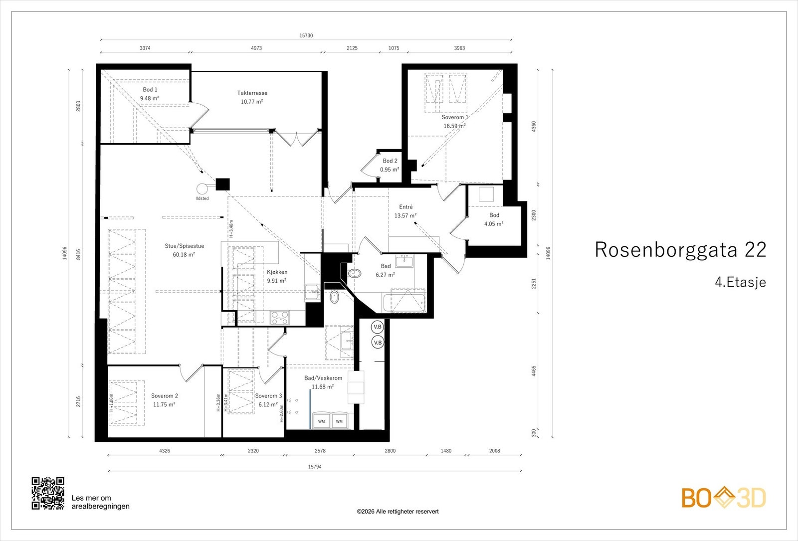 Plantegning. Boligen strekker seg over hele 4.etasje og består av entré/hall, kjøkken, spisestue, stue, 3 soverom og to store bad. 28 kvm bod i kjeller med full takhøyde - innredet som privat trimrom, samt flere boder i 4.etasje. Galleribilde