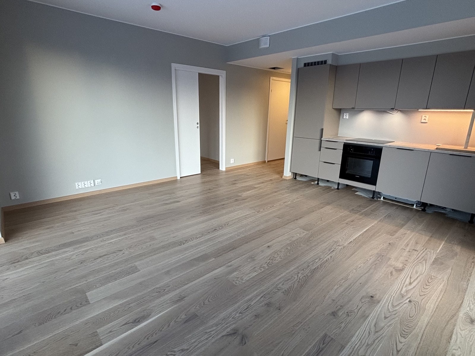 Lys og luftig stue med praktisk og ekstra bred skyvedør til soverom tilknyttet stuen Galleribilde