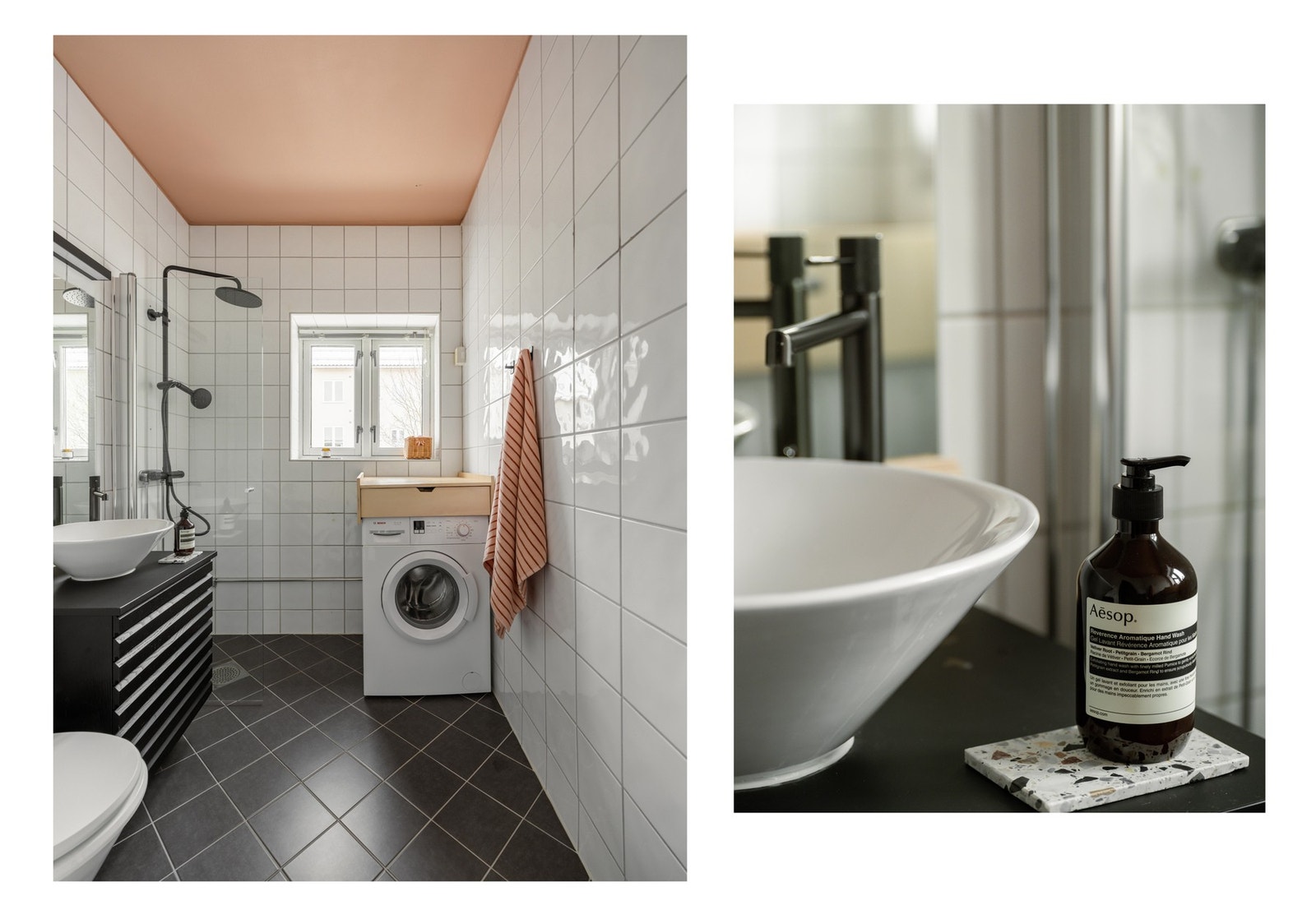 Her får du eget dusjhjørne (med nytt armatur fra 2026), toalett og plass til vaskemaskin. Servantskapet var nytt i 2022, levert av HTH. Galleribilde