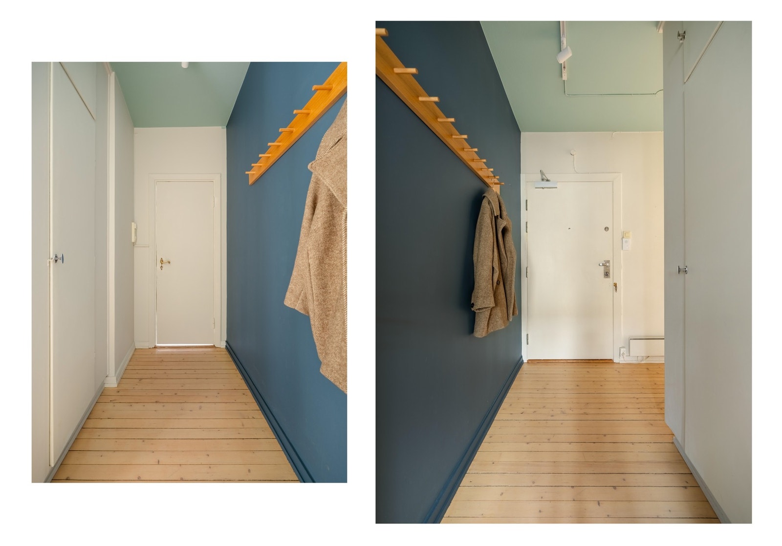 Rett utenfor badet er det knagger til yttertøy, samt et originalt innbygget skap til oppbevaring. Galleribilde