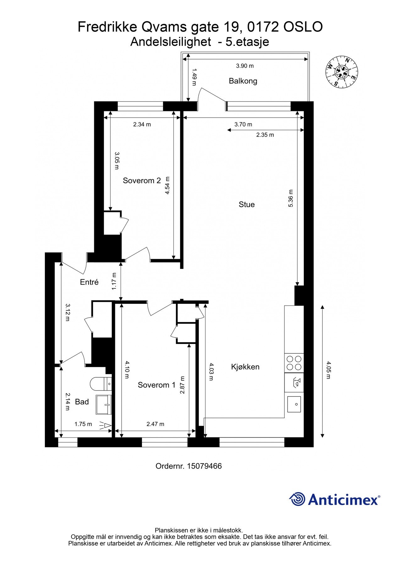 Boligens planskisse. I tillegg til innvendig areal, disponerer boligen 3 boder med totalt gulvareal på 20 kvm. Galleribilde