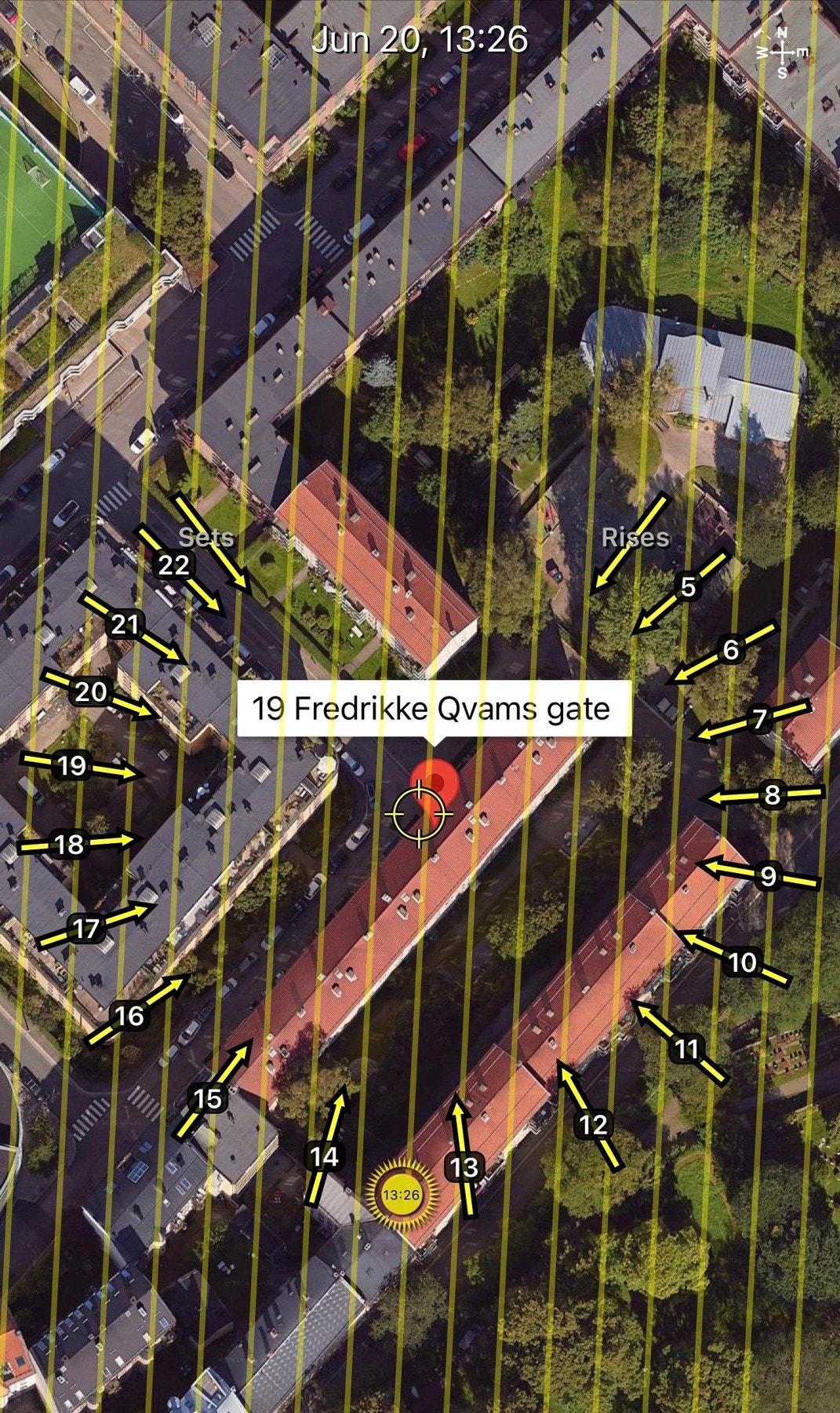 Her kan du se et solkart som viser forholdene midt på sommeren. Galleribilde