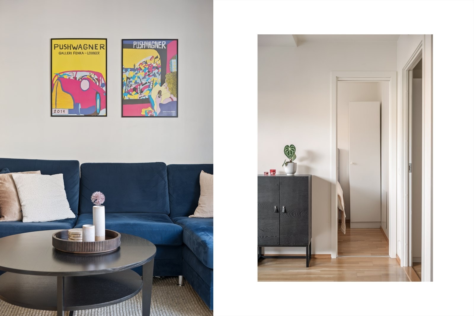 Rommet har parkettgulv, hvitmalte vegger, samt god plass for sofaløsning med tilhørende møblement og spisebord. Galleribilde