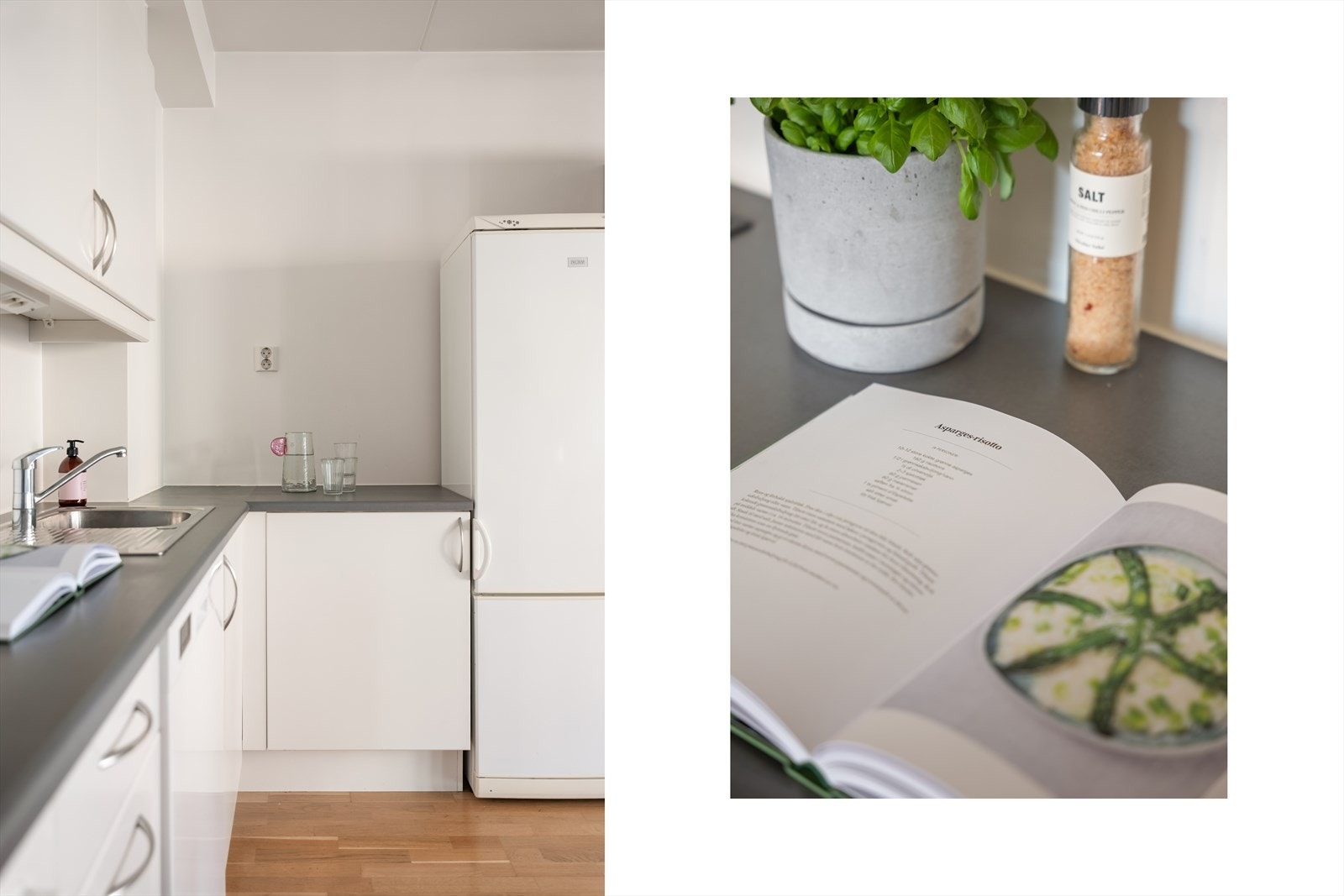 Kjøkkeninnredningen er lys med glatte, folierte fronter, laminat benkeplate med nedfelt kum i rustfritt stål og ventilator tilsluttet kanal. Galleribilde