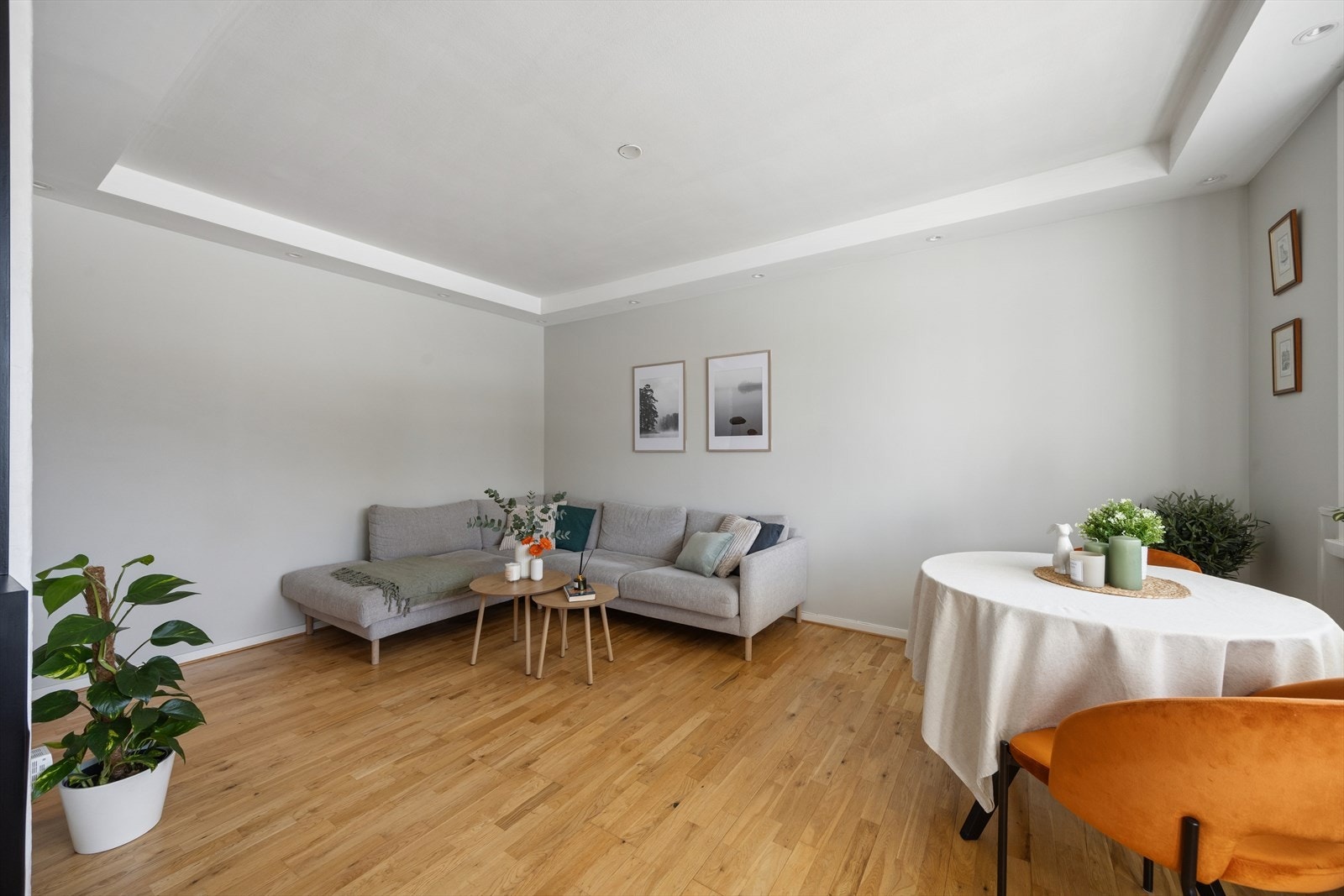 Rommet er romslig og gir gode muligheter for fleksibel møblering, med plass til både sofagruppe og spisegruppe i separate soner. Galleribilde