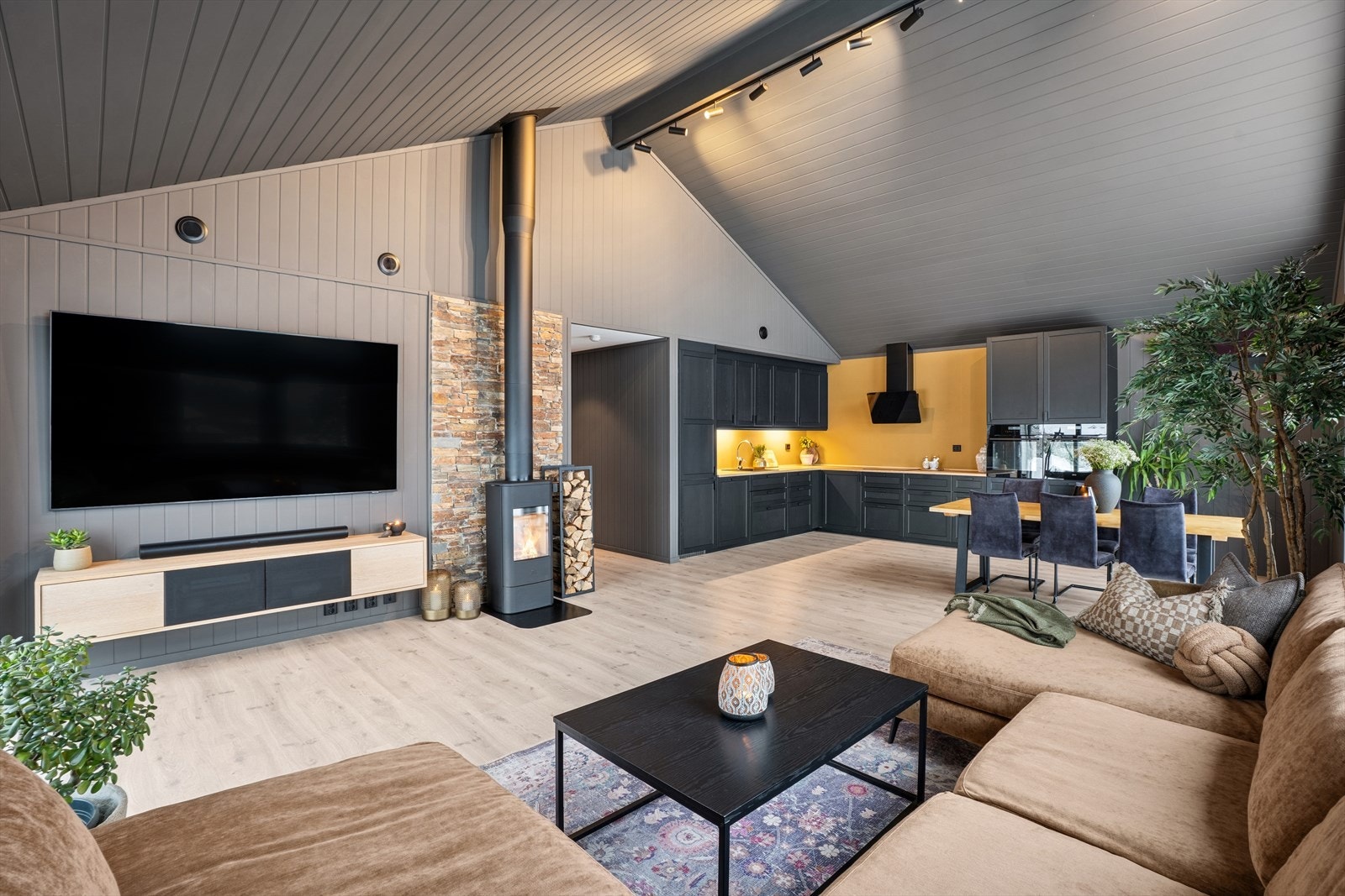 Det er montert både en vedovn som varmer godt på kalde vinterdager, samt en varmepumpe Galleribilde