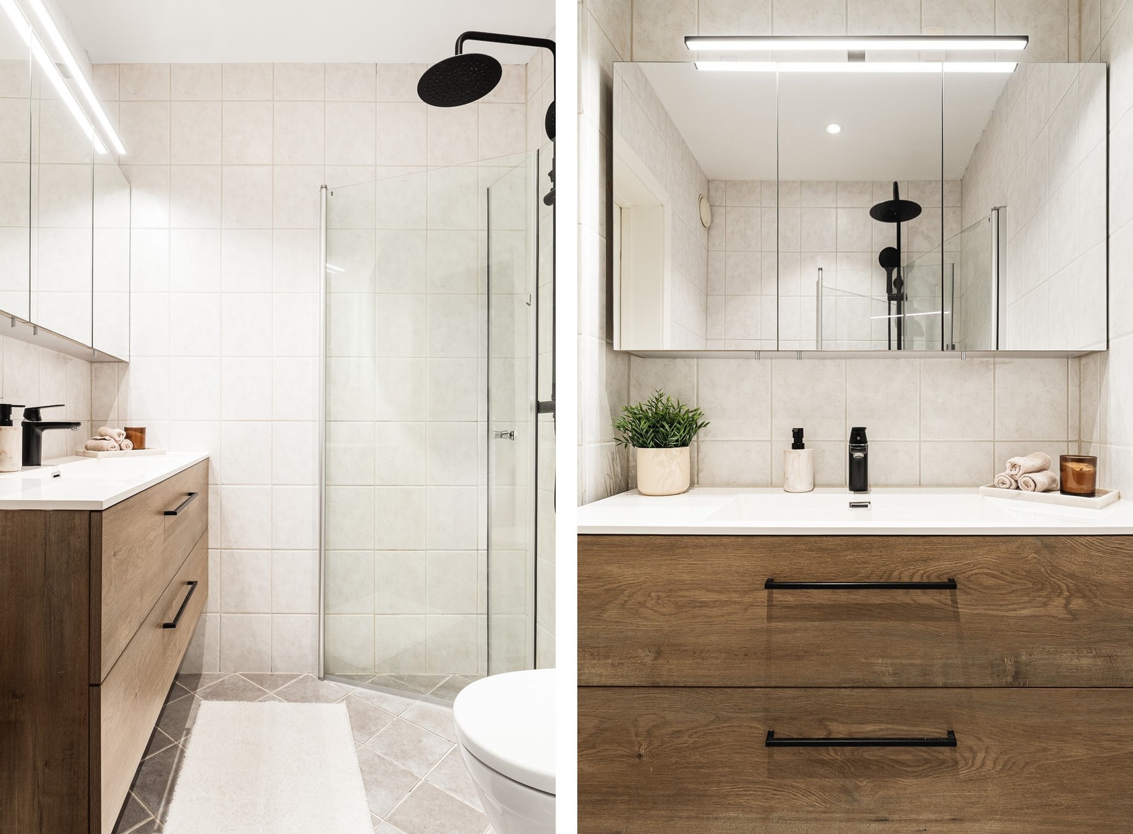 Badet består av dusj, toalett, servant med underskap og speilskap med lys. Galleribilde