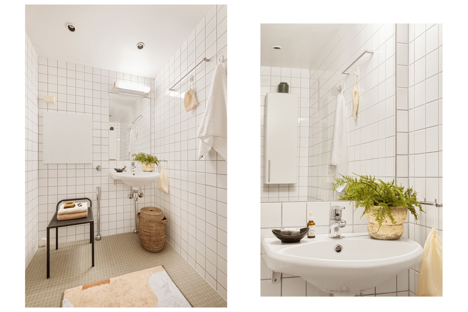 Badet er utstyrt med mekanisk avtrekk, wc, dusjhjørne med ettgreps dusjbatteri og hvit keramisk servant med ettgreps blandebatteri Galleribilde