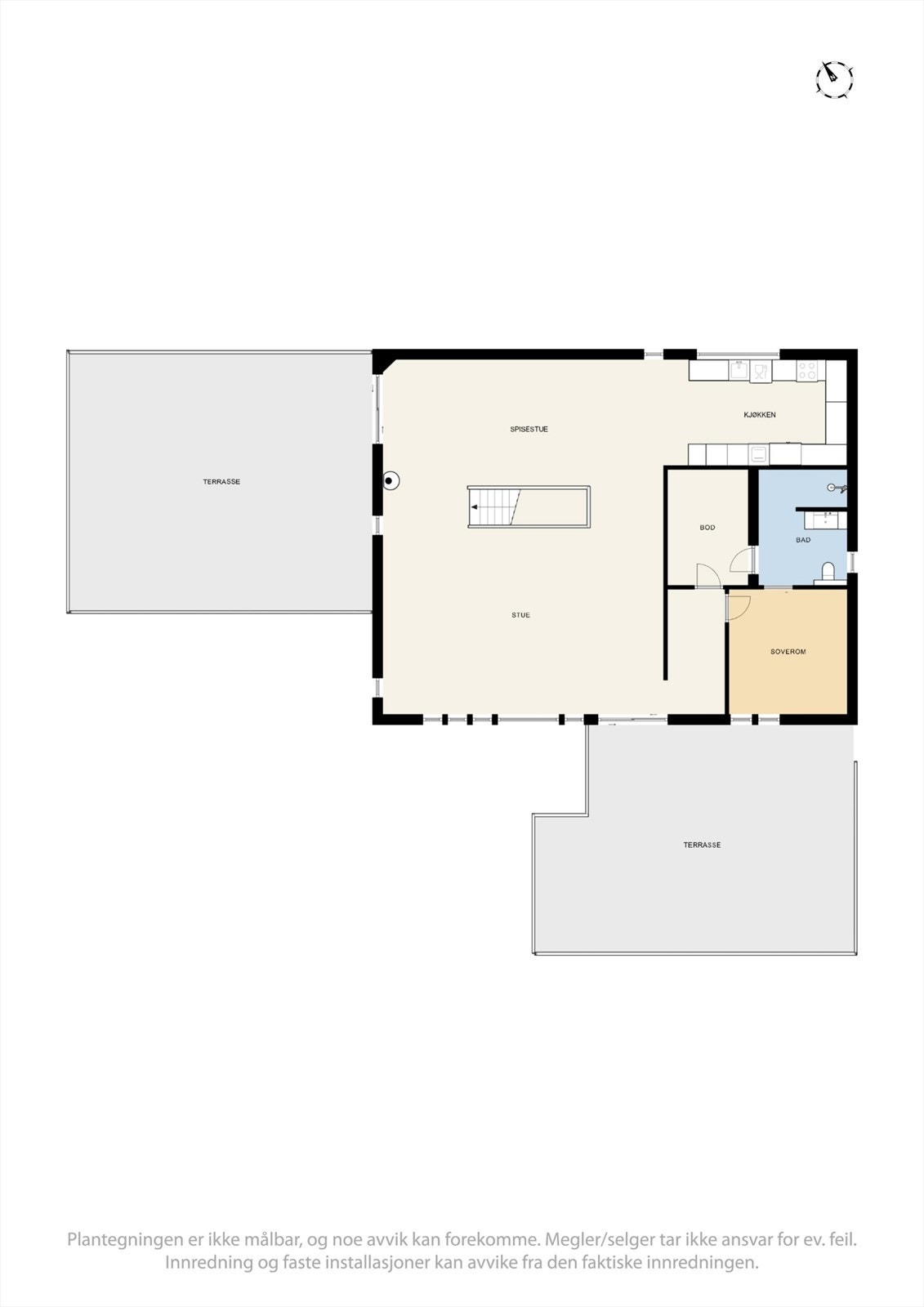 Andre etasje består av en åpen stue- og kjøkkenløsning, hovedsoverom og bad. Galleribilde