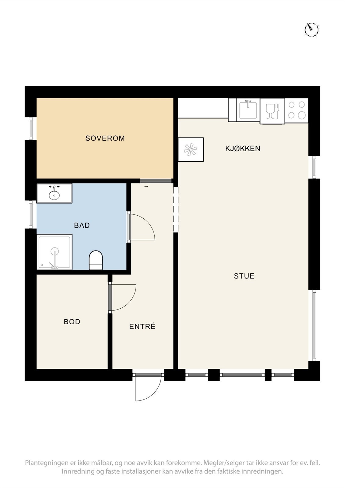 Hybelen har egen inngang og en arealeffektiv planløsning med stue/kjøkken, soverom og bad. Galleribilde