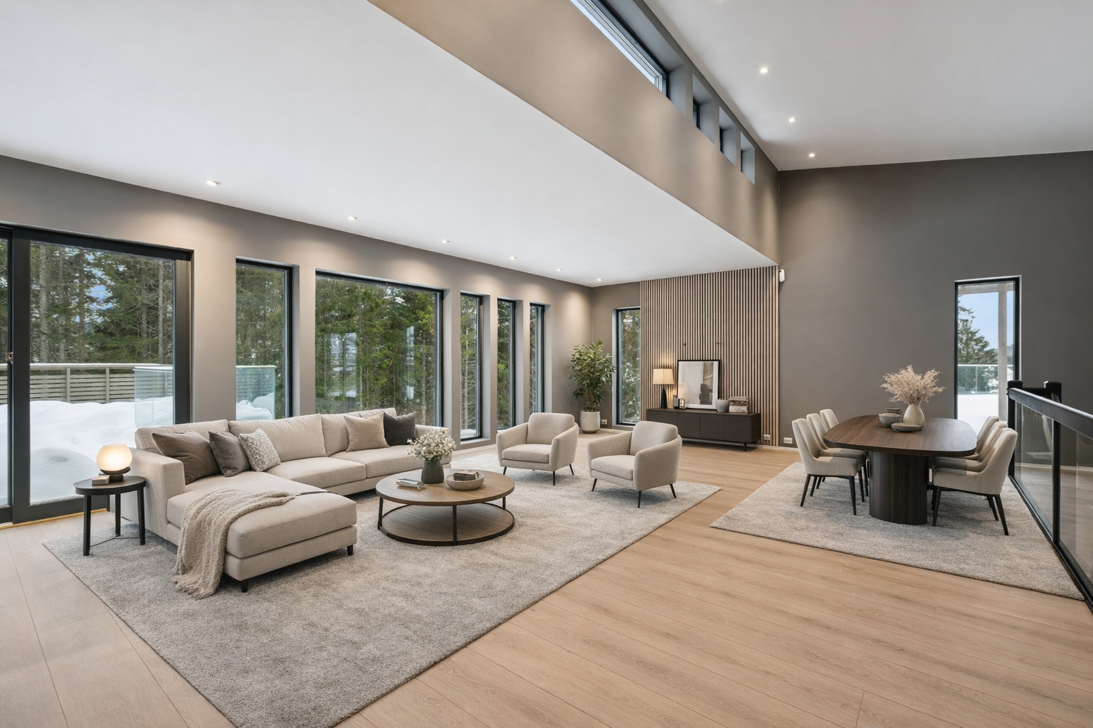 Stuen i andre etasje har en imponerende takhøyde og store vindusflater som gir rikelig med dagslys. Bilde er digitalt stylet. Galleribilde