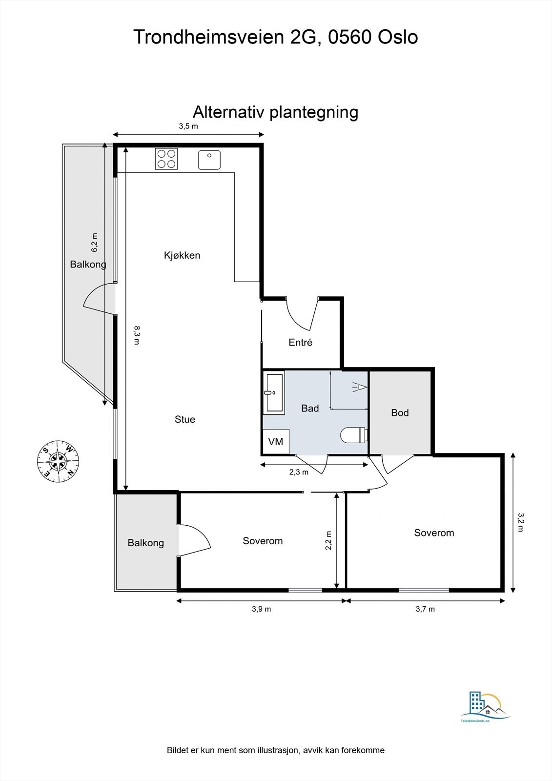 Alternativ planløsning hvor kjøkkenet er utvidet med mer benkeplass. Dette kun ment som inspirasjon. Kjøper er selv ansvarlig for utføring og risiko forbundet med eventuell omgjøring. Galleribilde