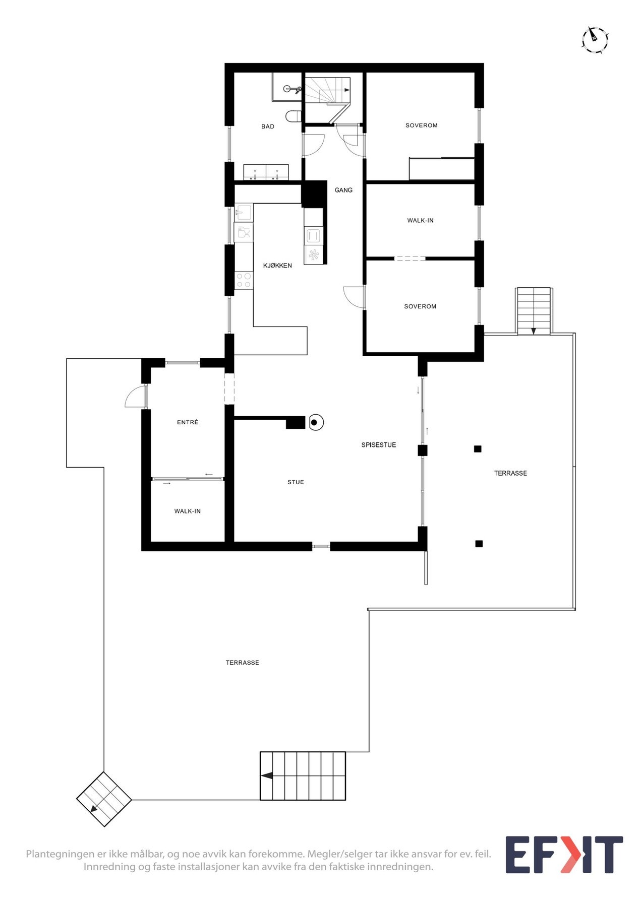 Plantegning som viser dagens løsning i boligens hovedetasje. Galleribilde
